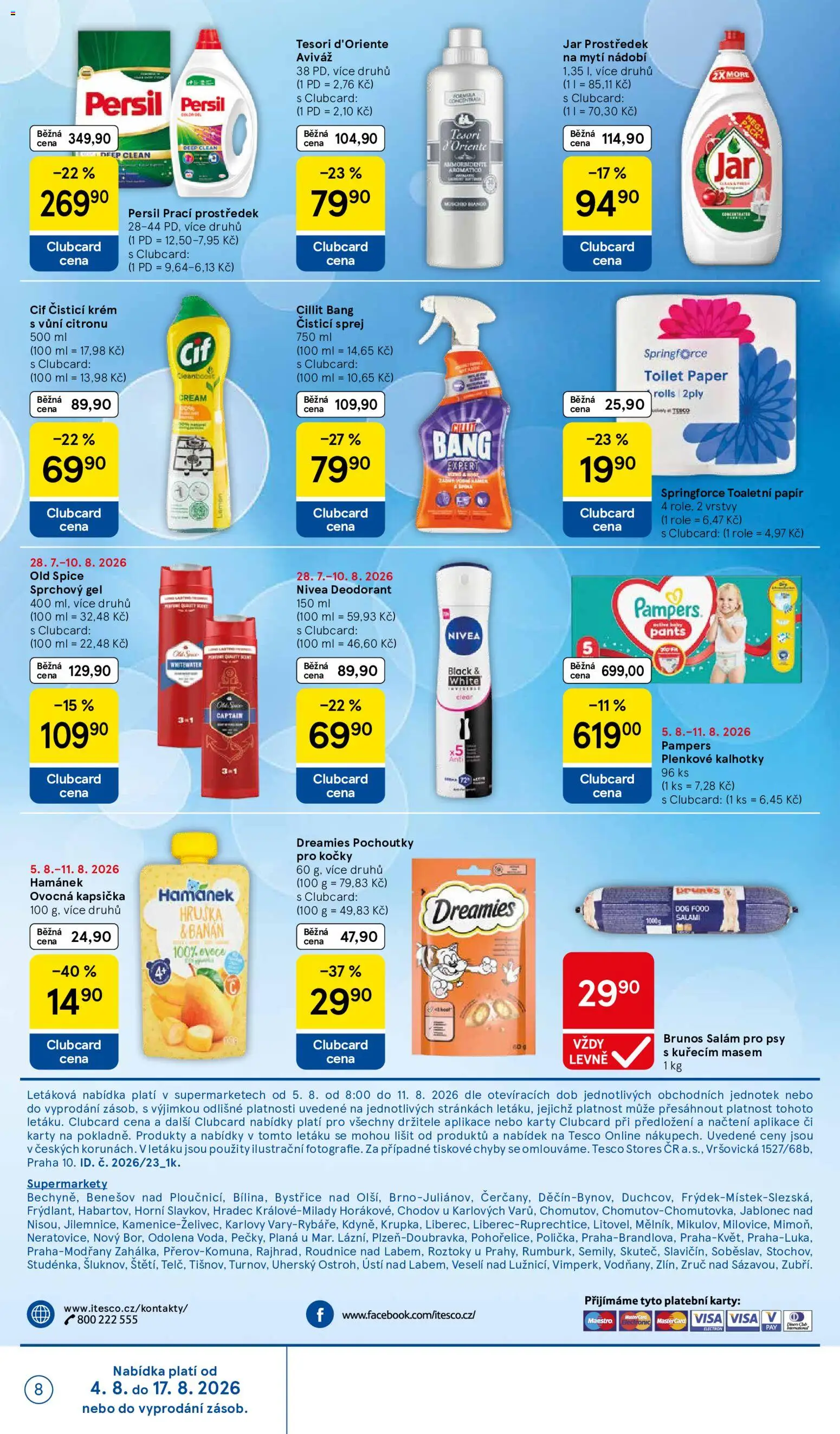 Tesco leták - Supermarket od 05.08.2026 | Strana: 8 | Produkty: Deodorant, Tesori d'Oriente, Toaletní papír, Plenkové kalhotky