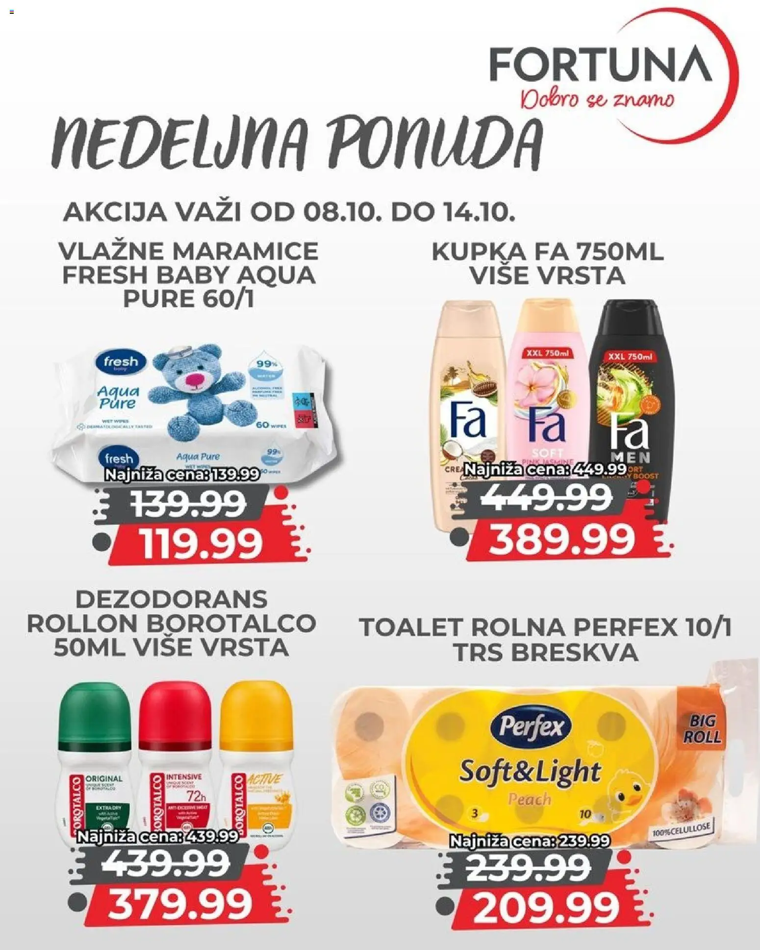 Fortuna Market katalog - važi od 08.10.2026 | Strana: 10 | Proizvode: Maramice, Dezodorans, Vlažne maramice, Borotalco