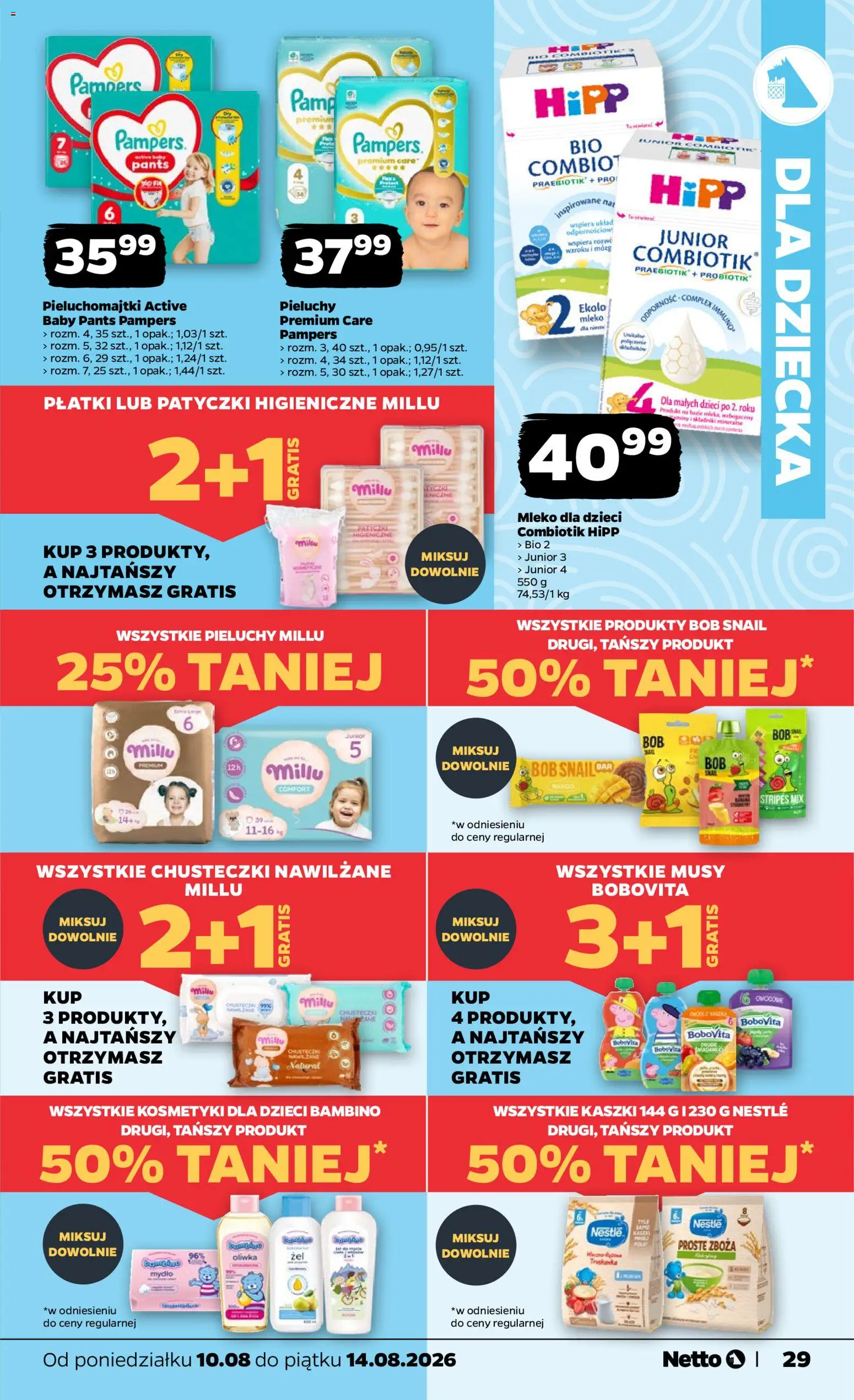Netto gazetka od poniedziałku od 10.08.2026 | Strona: 29 | Produkty: Mleko dla dzieci, Pampers, Zboża, Pieluchy