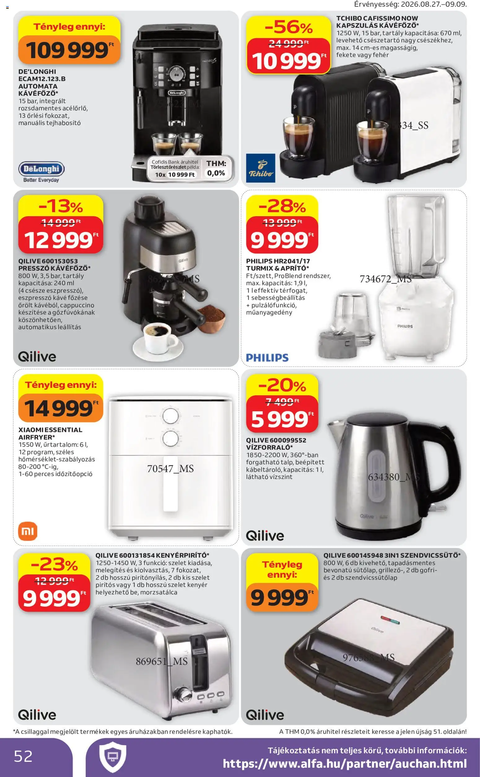 Auchan akciós ujság - amely érvényes a következő dátumtól: 2026.08.27. | Oldal: 52 | Termékek: Cappuccino, Cafissimo, Philips, Kenyér