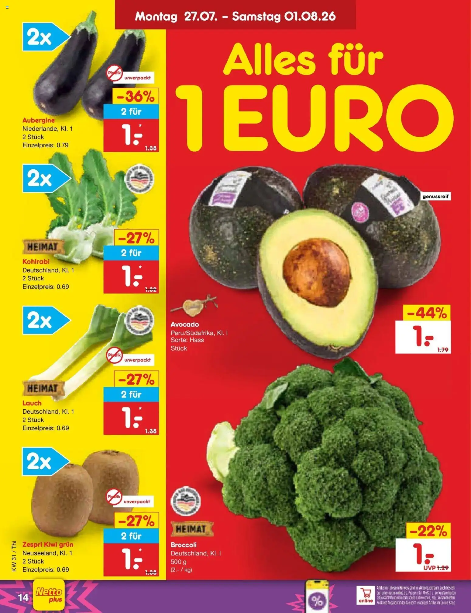 Netto Marken-Discount Prospekt Pirna – gültig ab 27.07.2026 | Seite: 24 | Produkte: Kohlrabi, Avocado, Aubergine, Kiwi