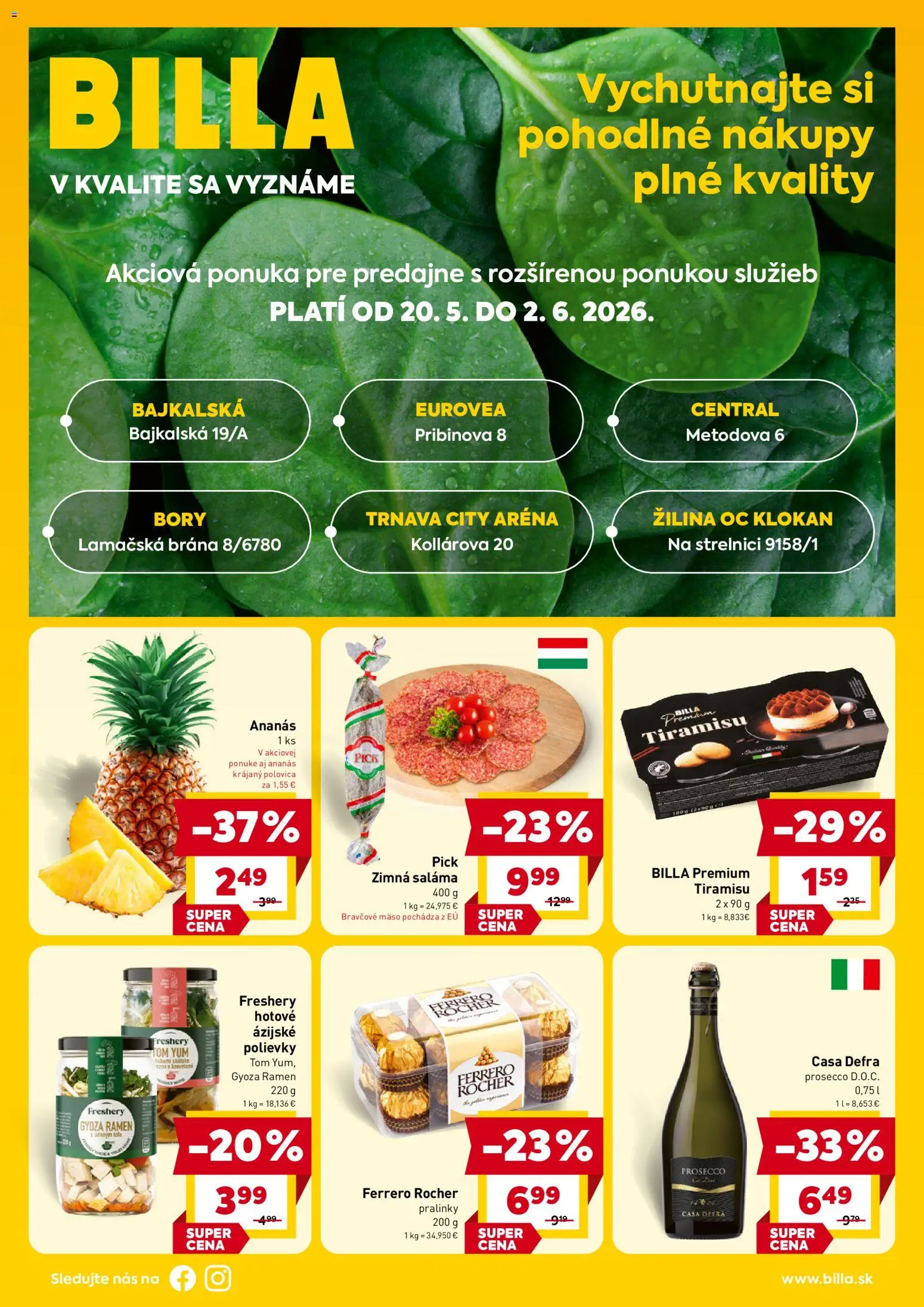 Nové Billa akcie – leták je platný od 20.05.2026 | Strana: 1 | Produkty: Saláma, Prosecco, Ananás, Ferrero Rocher