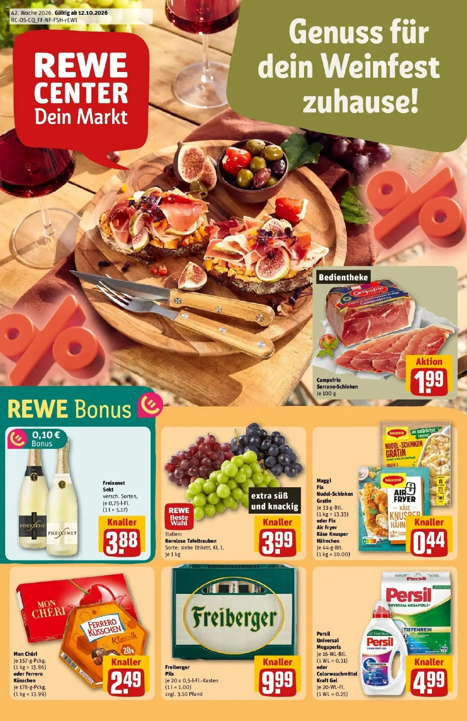 REWE Prospekt ab 12.10.2026 zum Blättern » Angebote | Seite: 1 | Produkte: Hahnchen, Käse, Freixenet, Pils