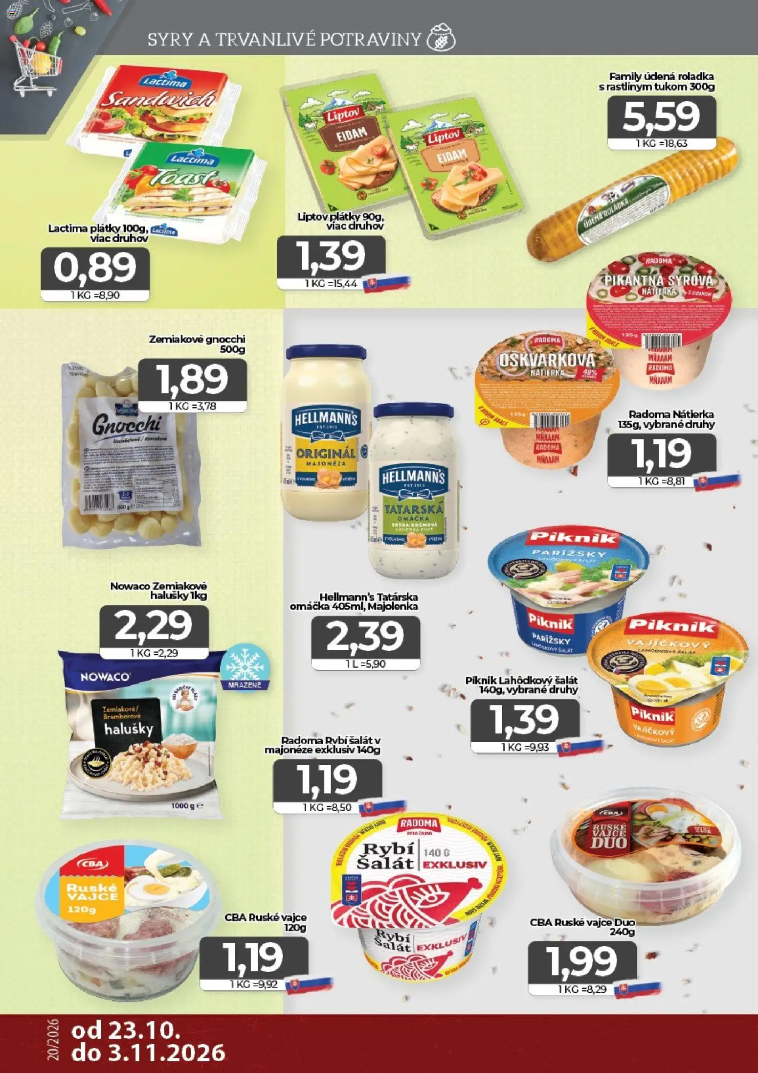 Nové CBA Komfos akcie – leták je platný od 23.10.2026 | Strana: 6 | Produkty: Nátierka, Gnocchi, Tatárska omáčka, Omáčka