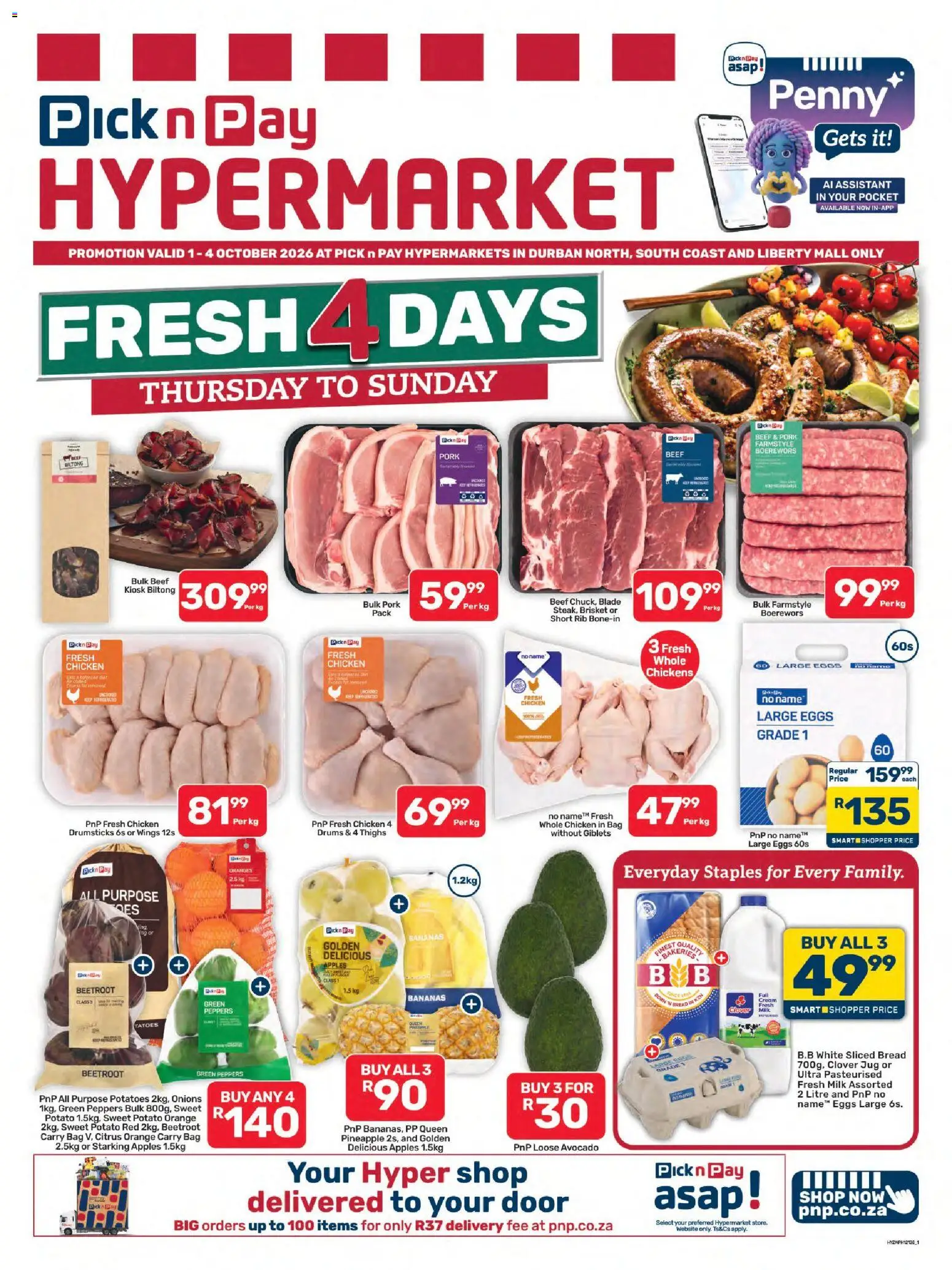 New Pick n Pay catalogue – valid from 01/10/2026 | Page: 1 | Products: Bag, Boerewors, Eggs, Thighs