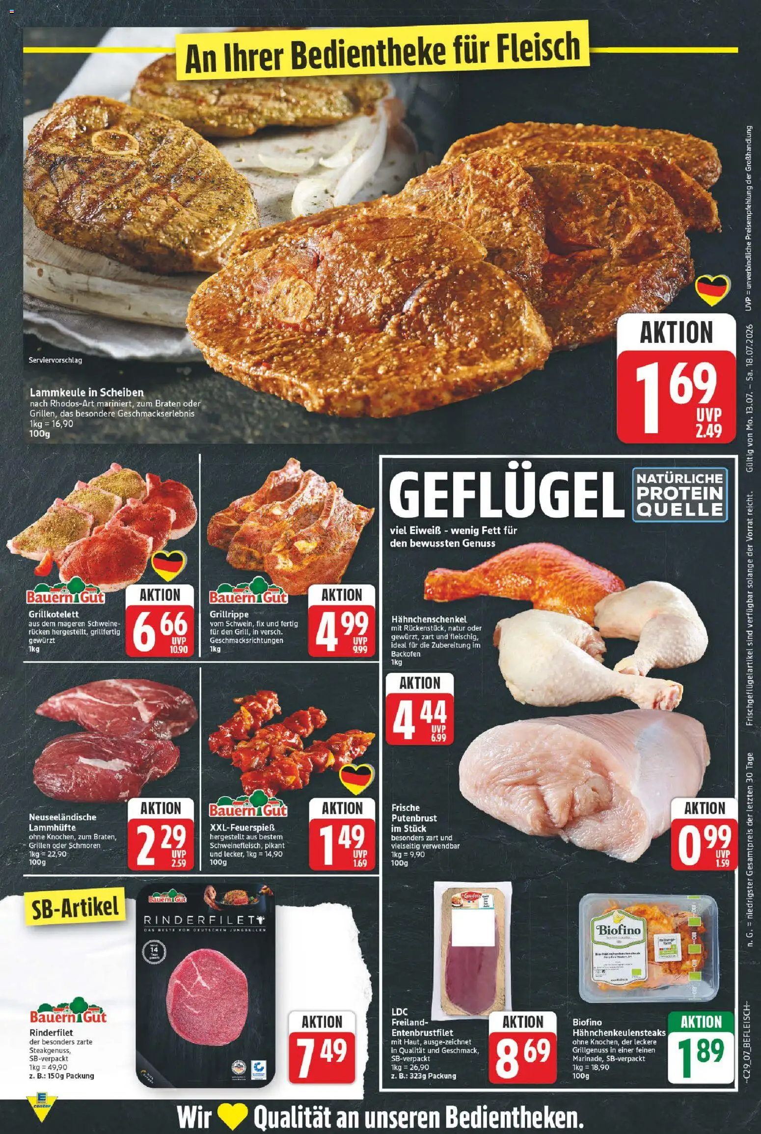 E center Prospekt – gültig ab 13.07.2026 | Seite: 7 | Produkte: Lammkeule, Rinderfilet, Backofen, Fleisch
