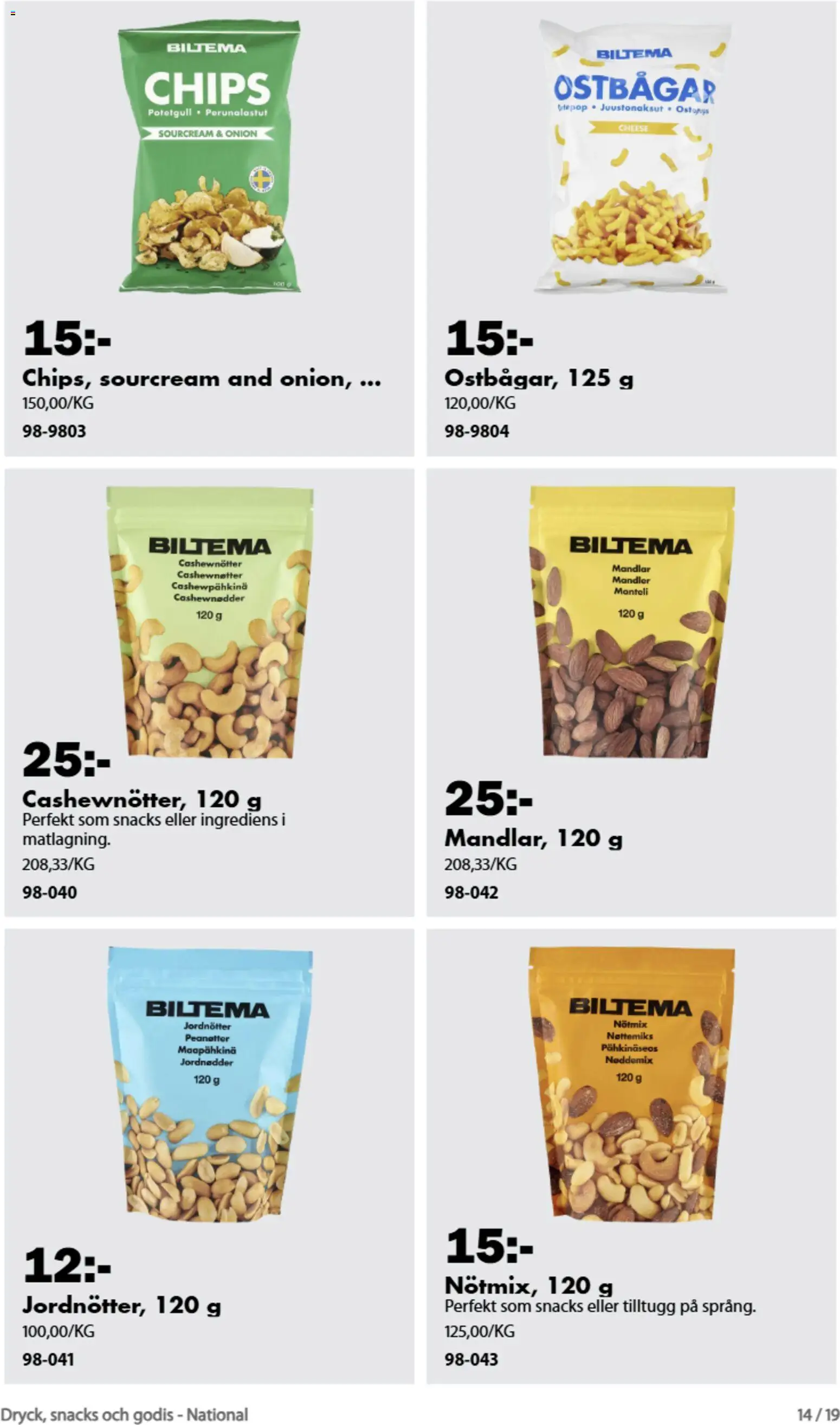 Biltema reklamblad aktuell från 21/08/2026 | Sida: 14 | Produkter: Ostbågar, Jordnötter, Chips, Snacks