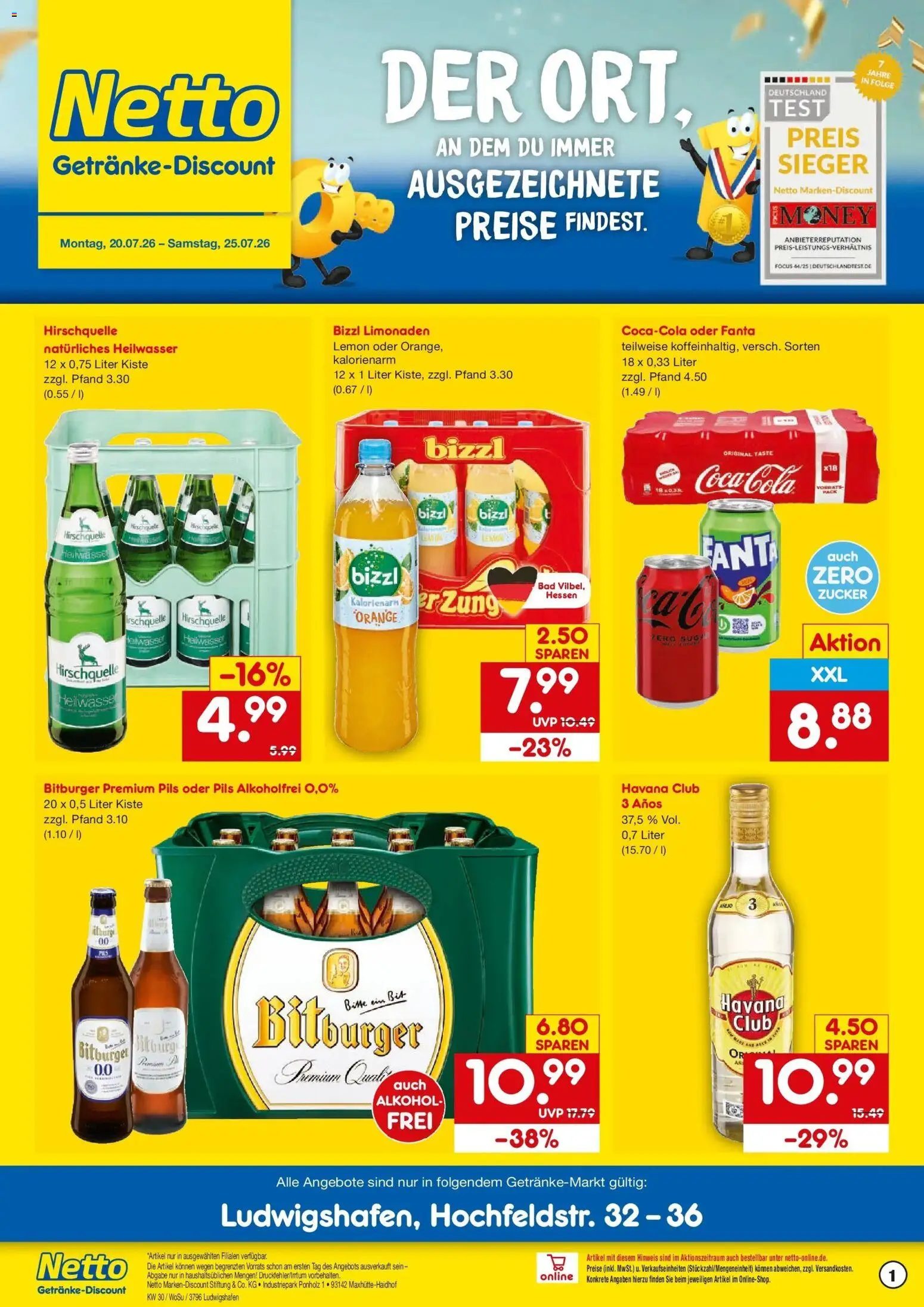 Netto Marken-Discount Prospekt Ludwigshafen – gültig ab 20.07.2026 | Seite: 1 | Produkte: Havana club, Bad, Pils, Zucker