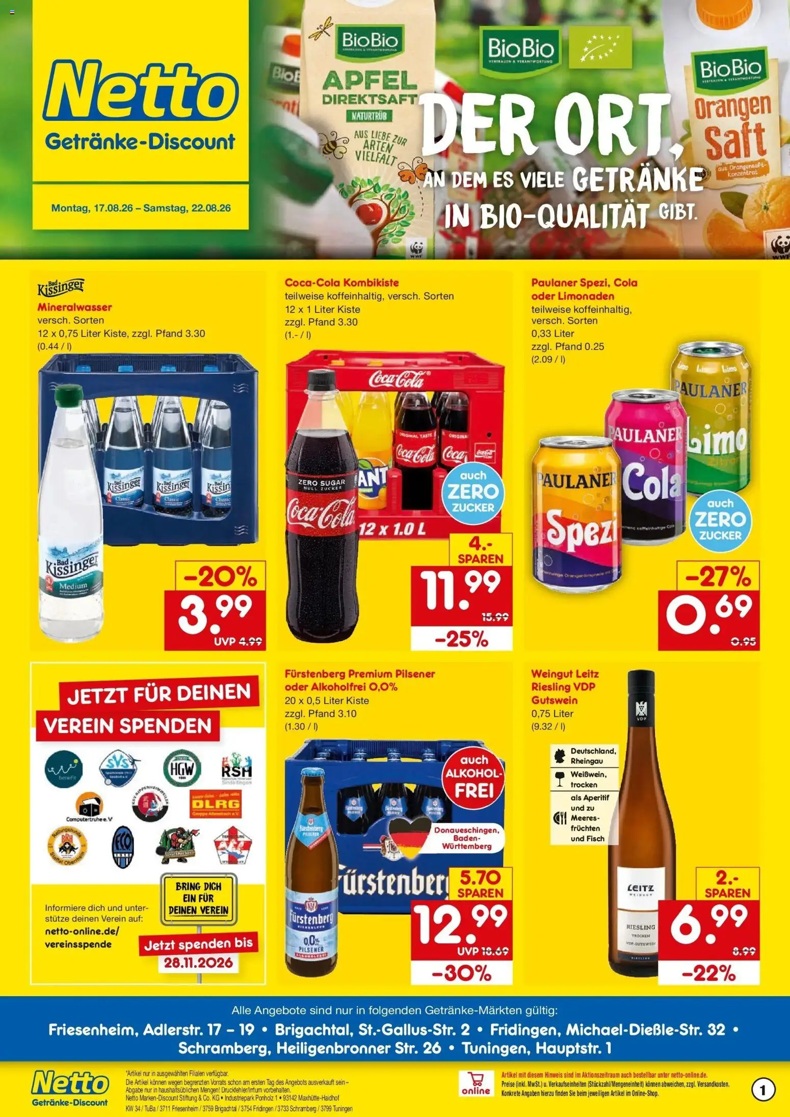 Netto Marken-Discount Prospekt Friesenheim – gültig ab 17.08.2026 | Seite: 1 | Produkte: Cola, Mineralwasser, Fisch, Alkohol