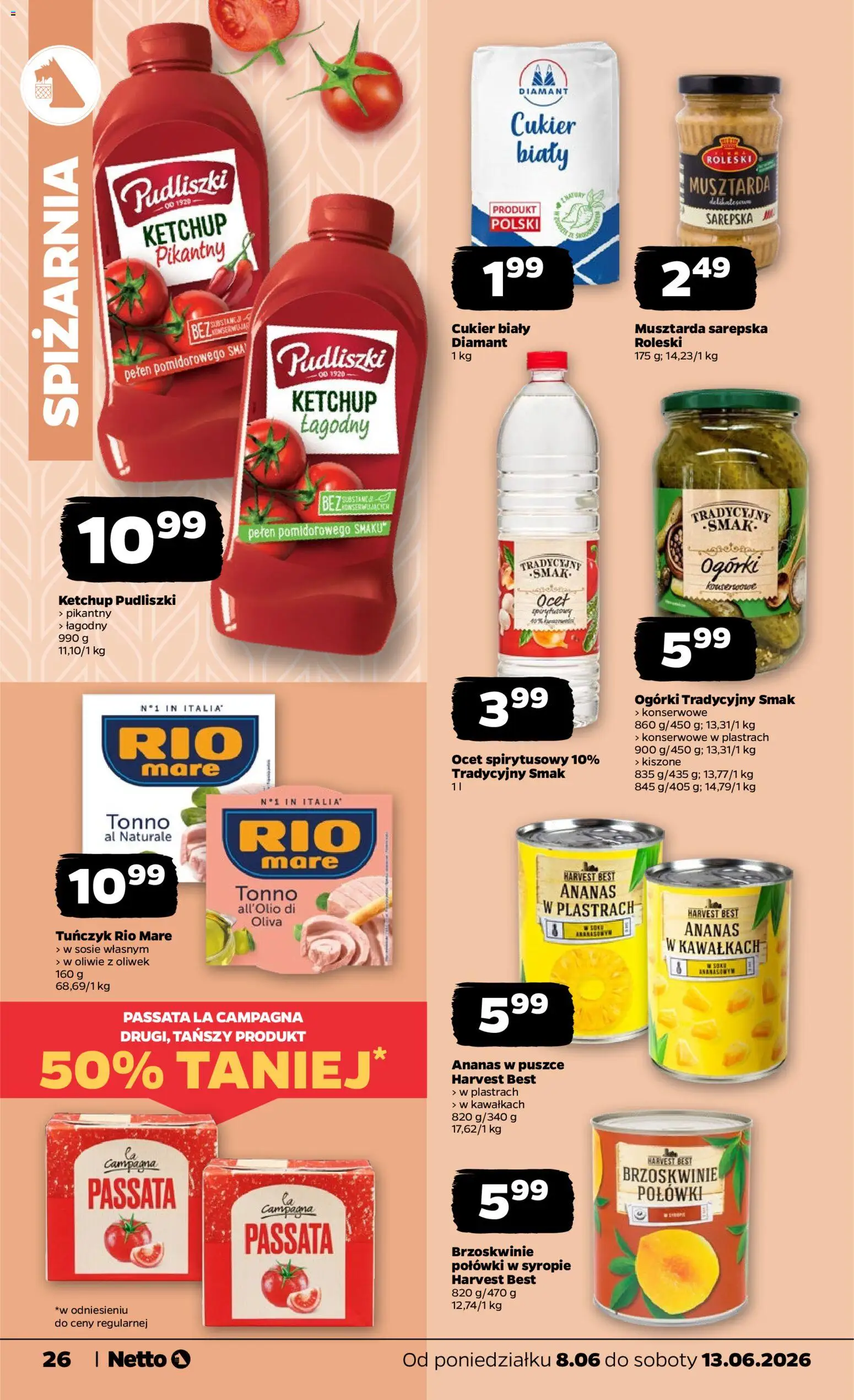 Netto gazetka od poniedziałku spożywcza od 08.06.2026 | Strona: 26 | Produkty: Ocet, Ketchup pudliszki, Tuńczyk, Ananas