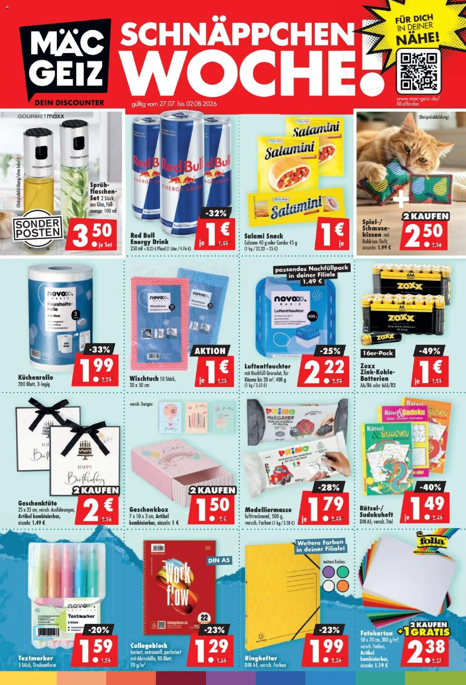 Mäc Geiz Prospekt – gültig ab 27.07.2026 | Seite: 1 | Produkte: Kissen, Batterien, Energy, Salami