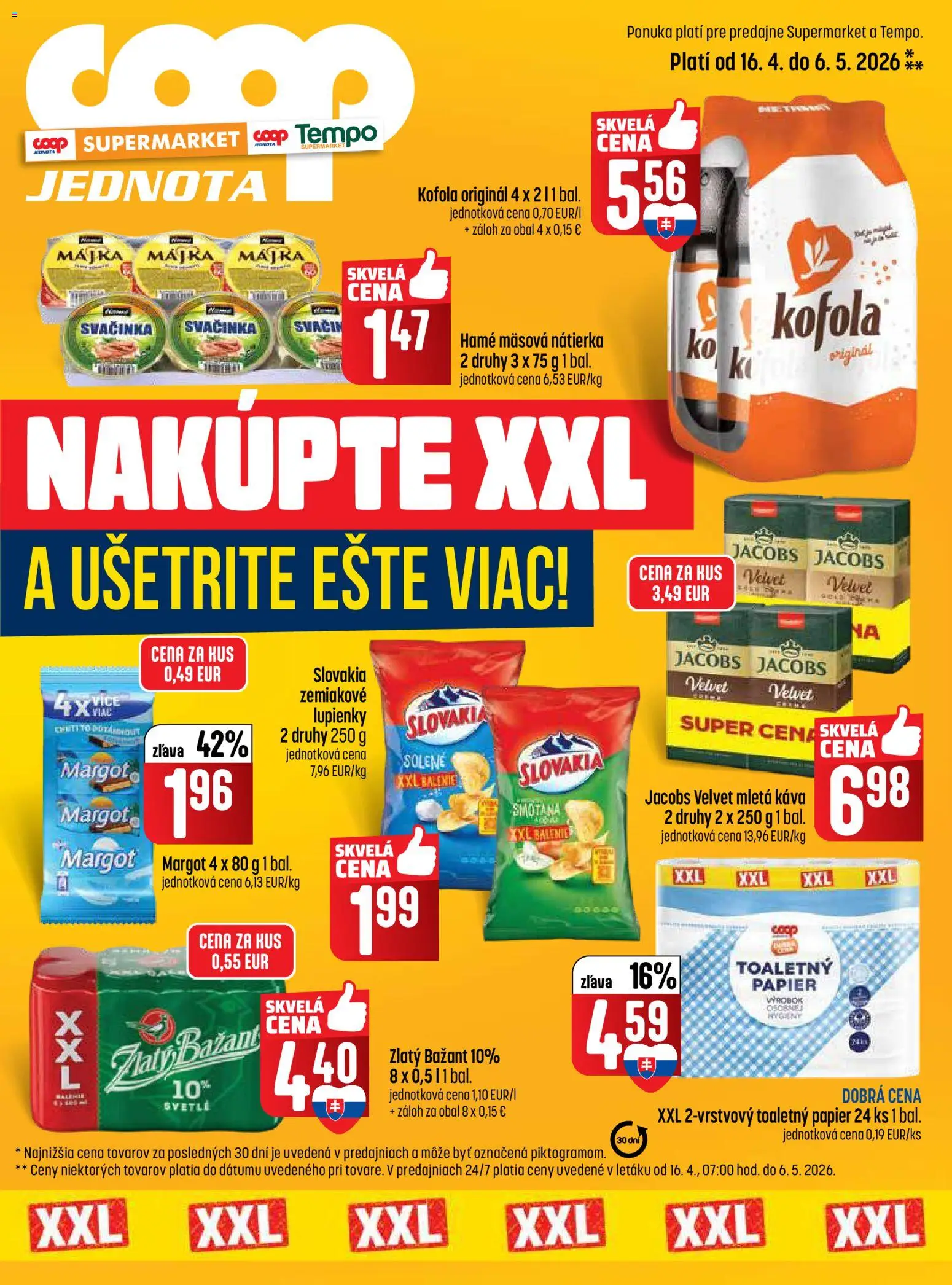 Nové COOP Jednota akcie – leták je platný od 16.04.2026 | Strana: 1 | Produkty: Smotana, Kofola, Toaletný papier, Zlatý Bažant