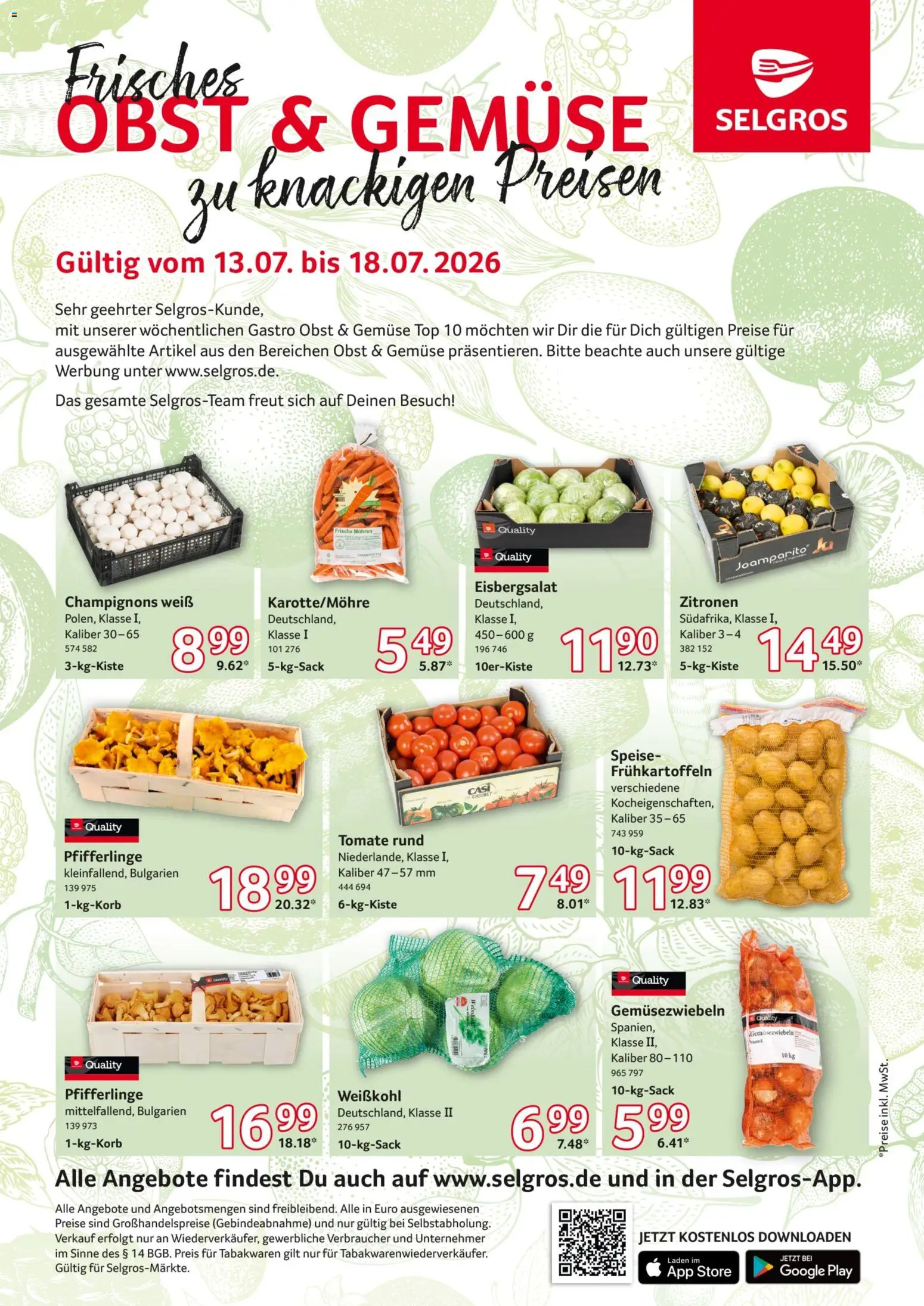 Selgros Obst & Gemüse – gültig ab 13.07.2026 | Seite: 1 | Produkte: Top, Mohren, Champignons, Obst