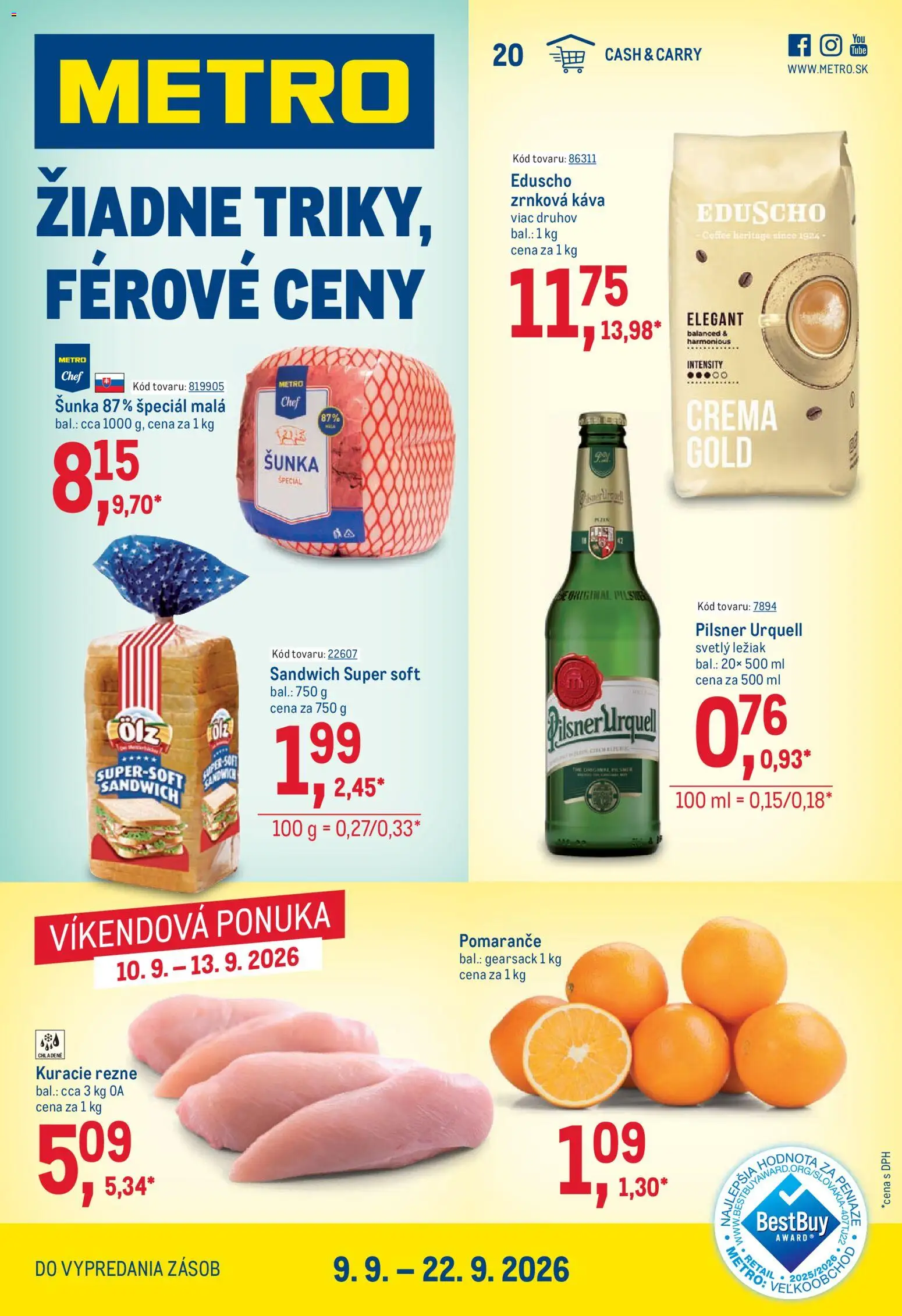 Nové Metro akcie – leták je platný od 09.09.2026 | Strana: 1 | Produkty: Pilsner Urquell, Káva, Kuracie rezne, Zrnková káva
