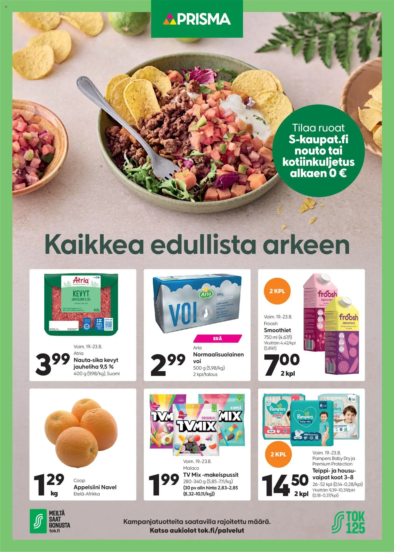 Prisma - Kaikkea edullista arkeen – voimassa 19/08/2026 alkaen | Sivu: 1 | Tuotteet: Vaipat, Jauheliha, Smoothie, Teippi