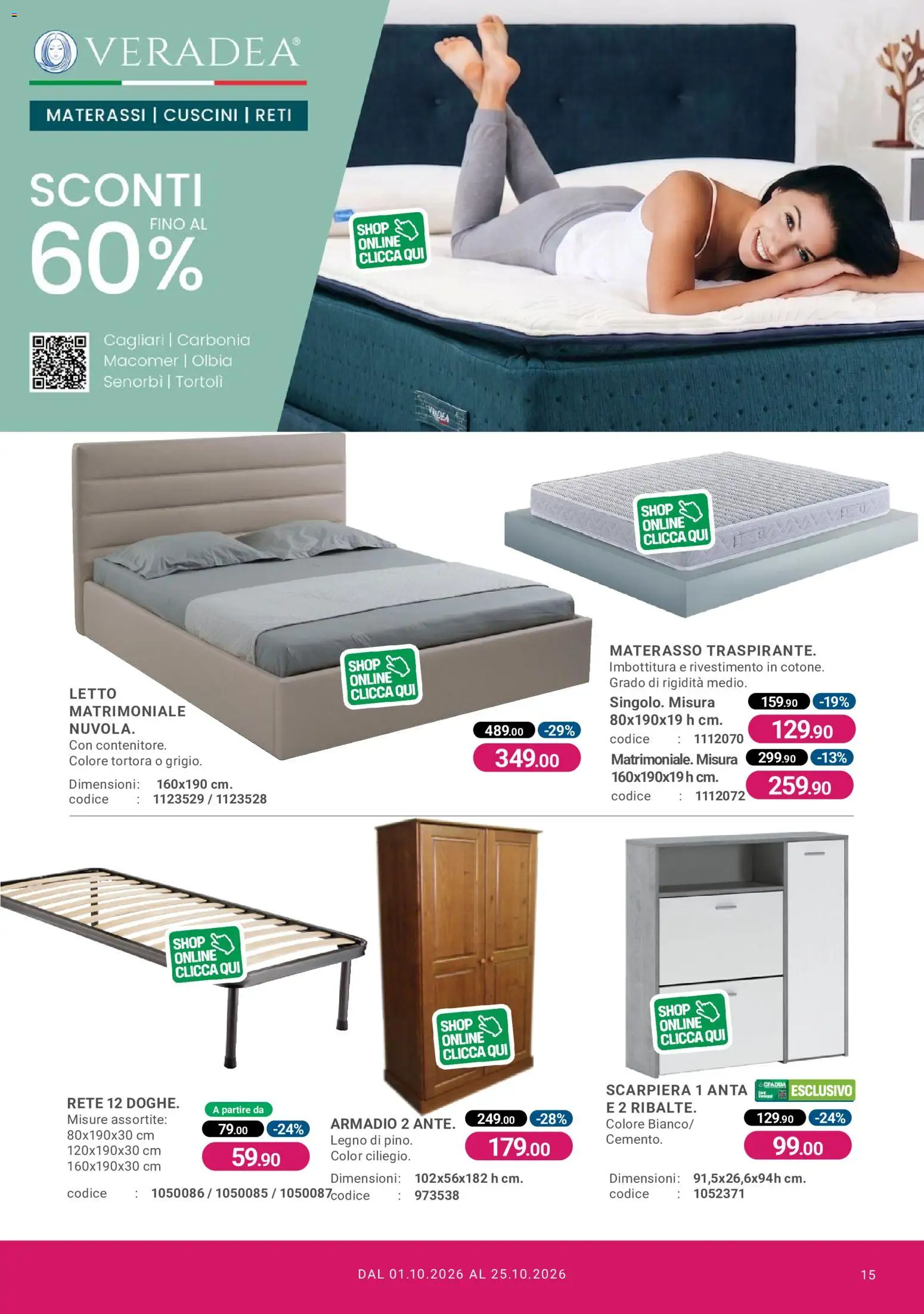 Volantino CFadda del 01/10/2026 | Pagina: 15 | Prodotti: Scarpiera, Letto, Materasso, Armadio