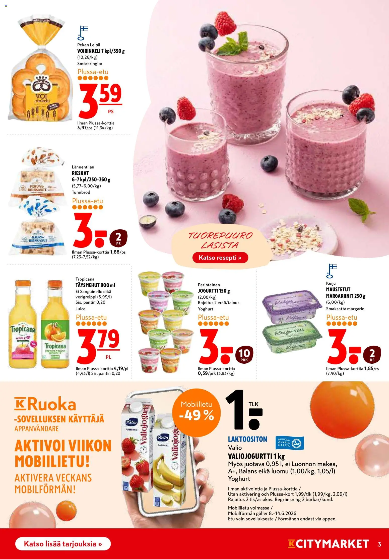 K-Citymarket tarjoukset – voimassa 11.06.2026 alkaen | Sivu: 3 | Tuotteet: Jogurtti, Leipä