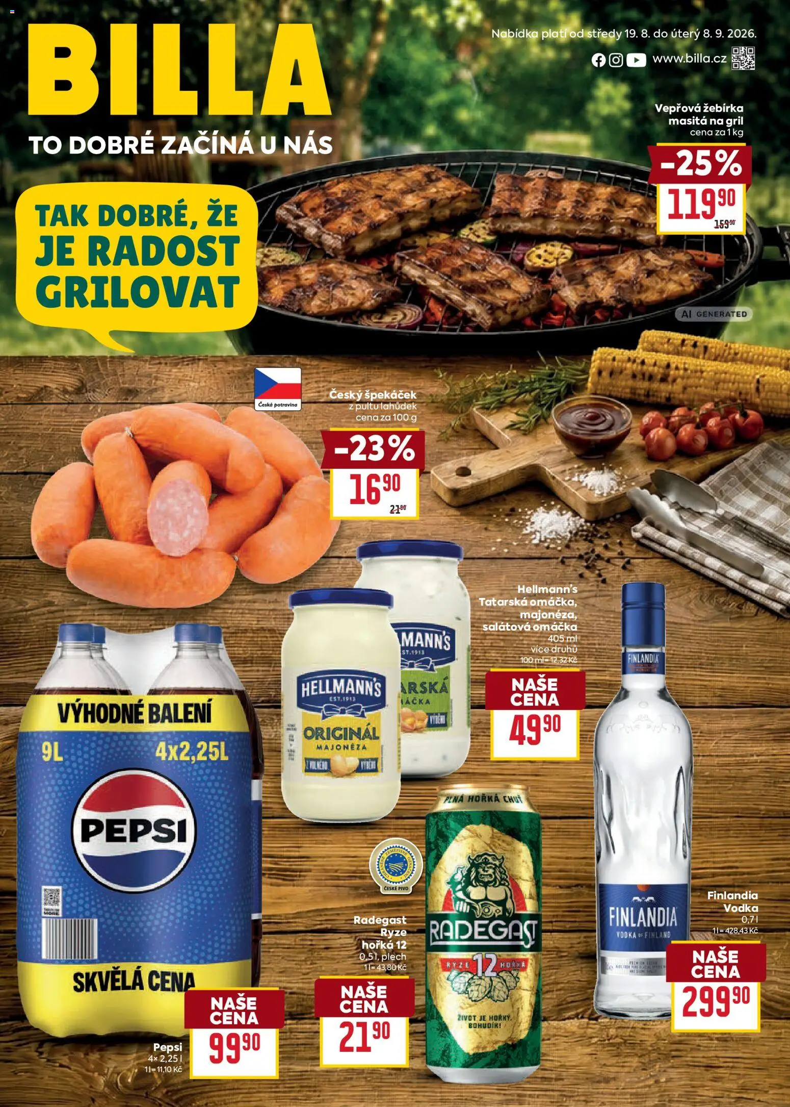 Billa leták Grill od 19.08.2026 | Strana: 1 | Produkty: Rýže, Finlandia vodka, Radegast, Majonéza