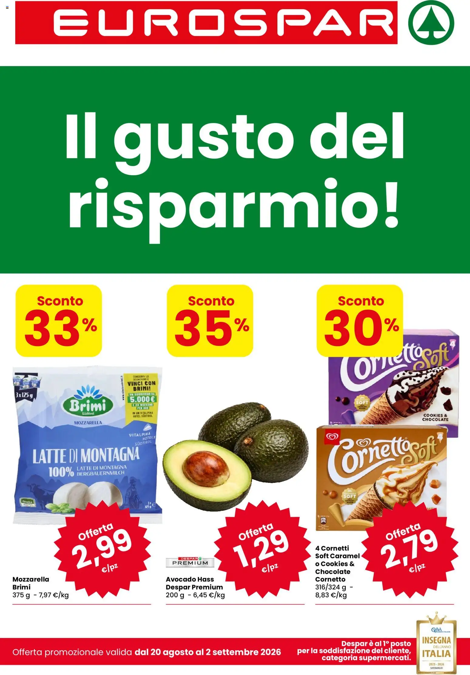 Volantino Eurospar del 20/08/2026 | Pagina: 1 | Prodotti: Cornetto, Avocado, Mozzarella, Latte