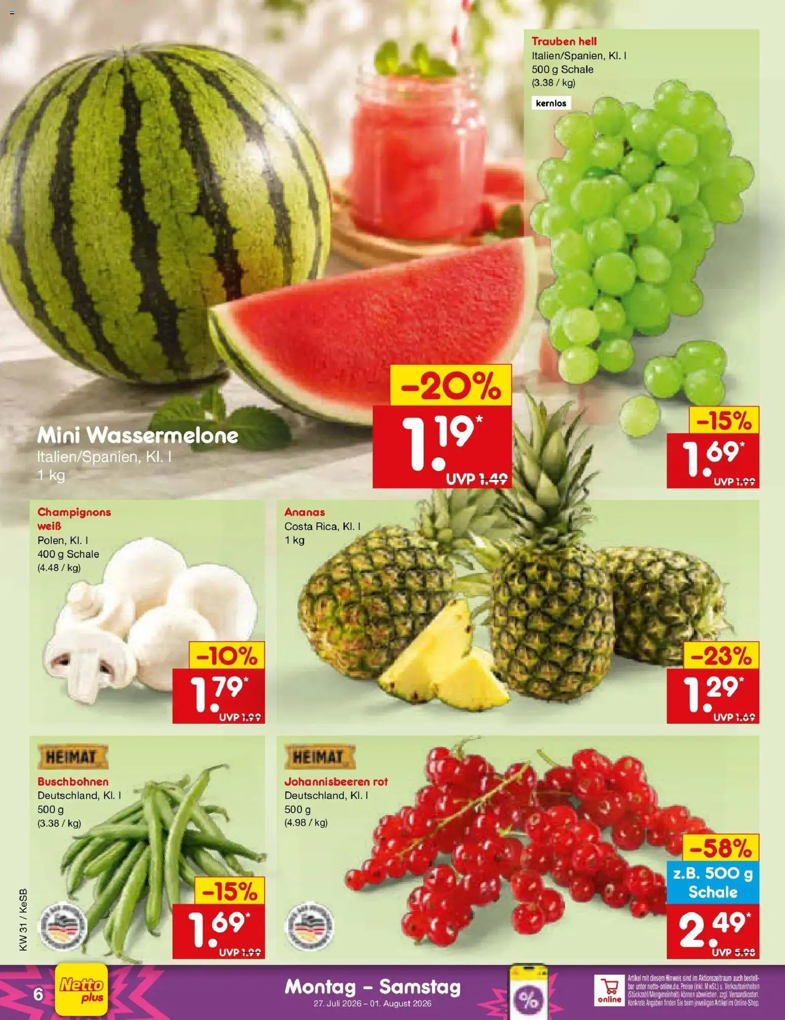 Netto Marken-Discount Prospekt Kruft – gültig ab 27.07.2026 | Seite: 8 | Produkte: Trauben, Ananas, Champignons, Wassermelone