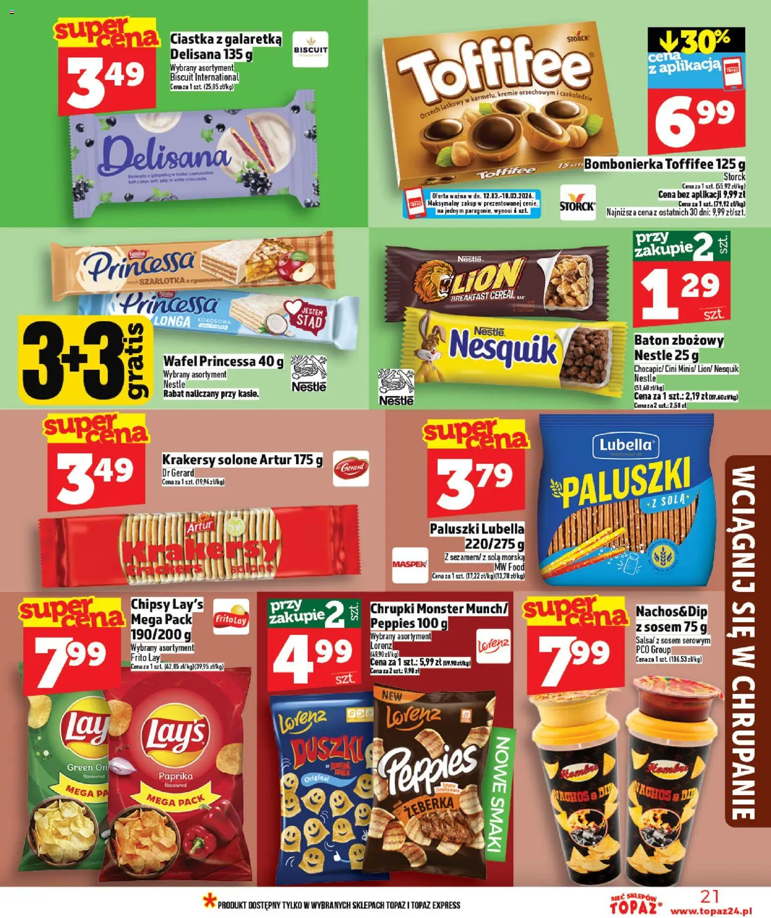 Topaz gazetka od 12.03.2026 | Strona: 21 | Produkty: Chipsy, Galaretka, Krakersy, Ciastka