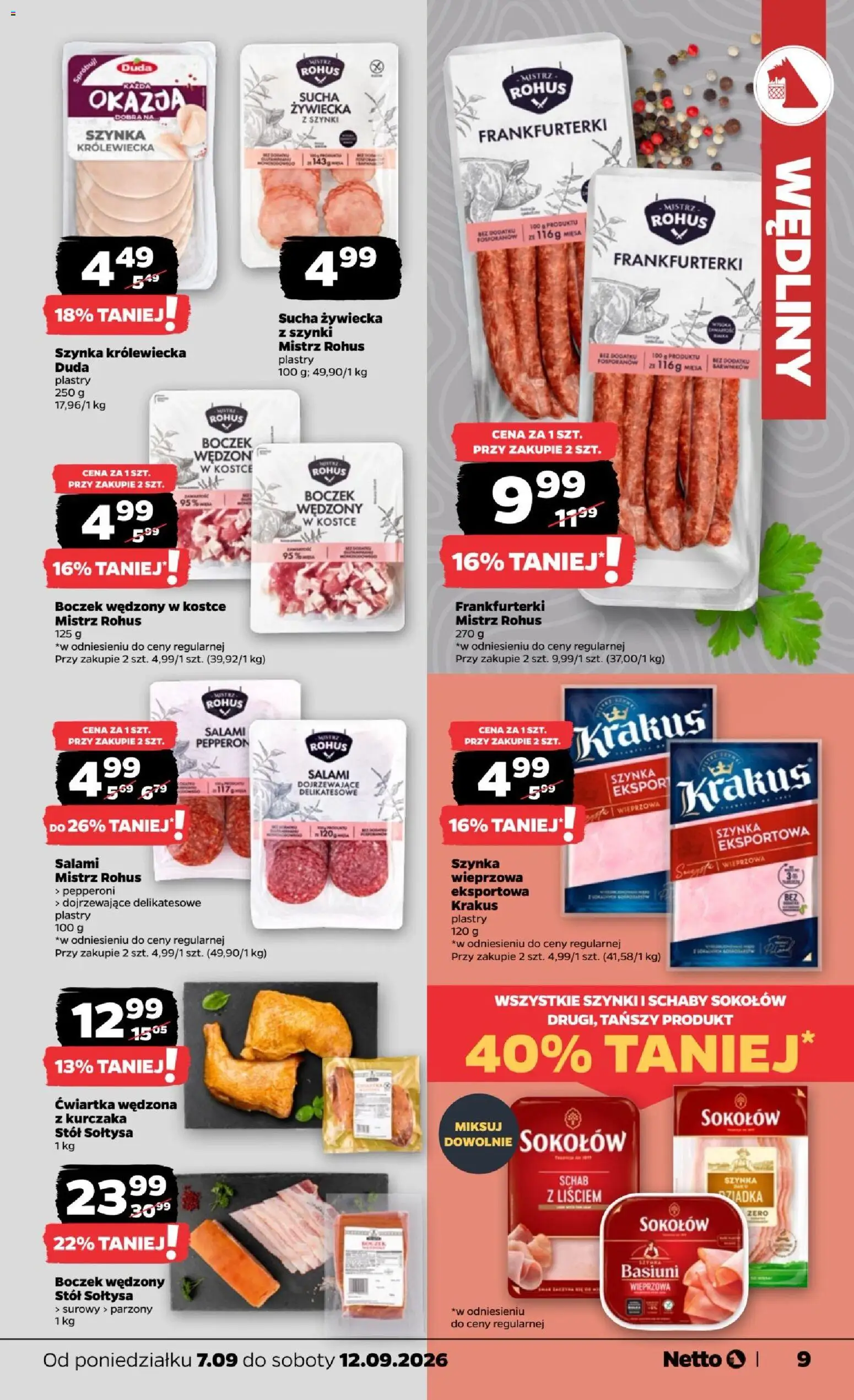 Netto gazetka od poniedziałku od 07.09.2026 | Strona: 9 | Produkty: Schab, Stół, Salami, Wędliny