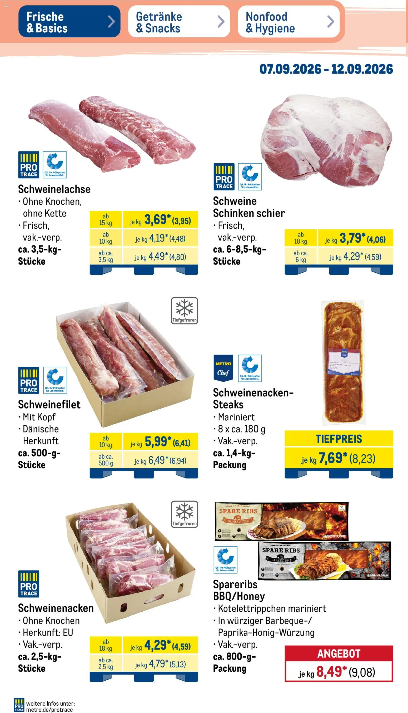 Metro Prospekt – gültig ab 07.09.2026 | Seite: 4 | Produkte: Spare ribs, Schweinenacken, Schweinefilet, Schinken