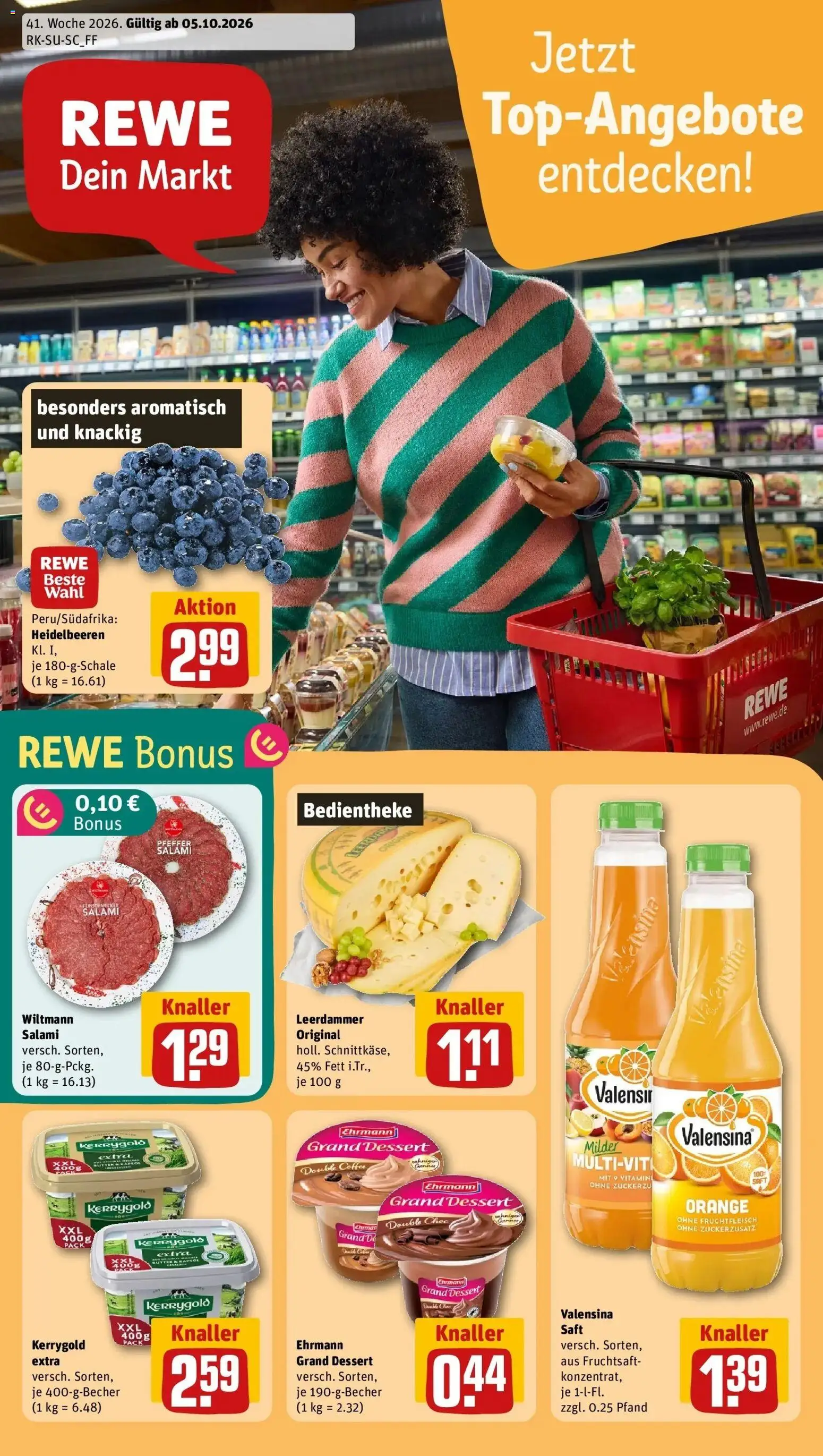 REWE Prospekt ab 05.10.2026 zum Blättern » Angebote | Seite: 1 | Produkte: Ehrmann grand dessert, Leerdammer, Valensina, Salami