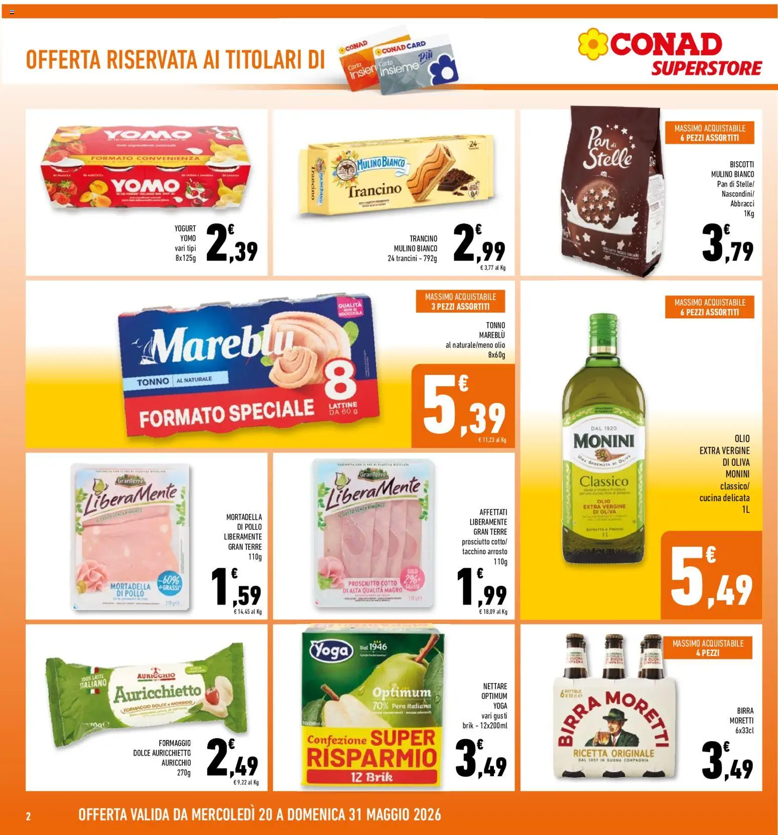 Volantino Conad del 20.05.2026 | Pagina: 2 | Prodotti: Birra, Biscotti, Mortadella, Tonno al naturale