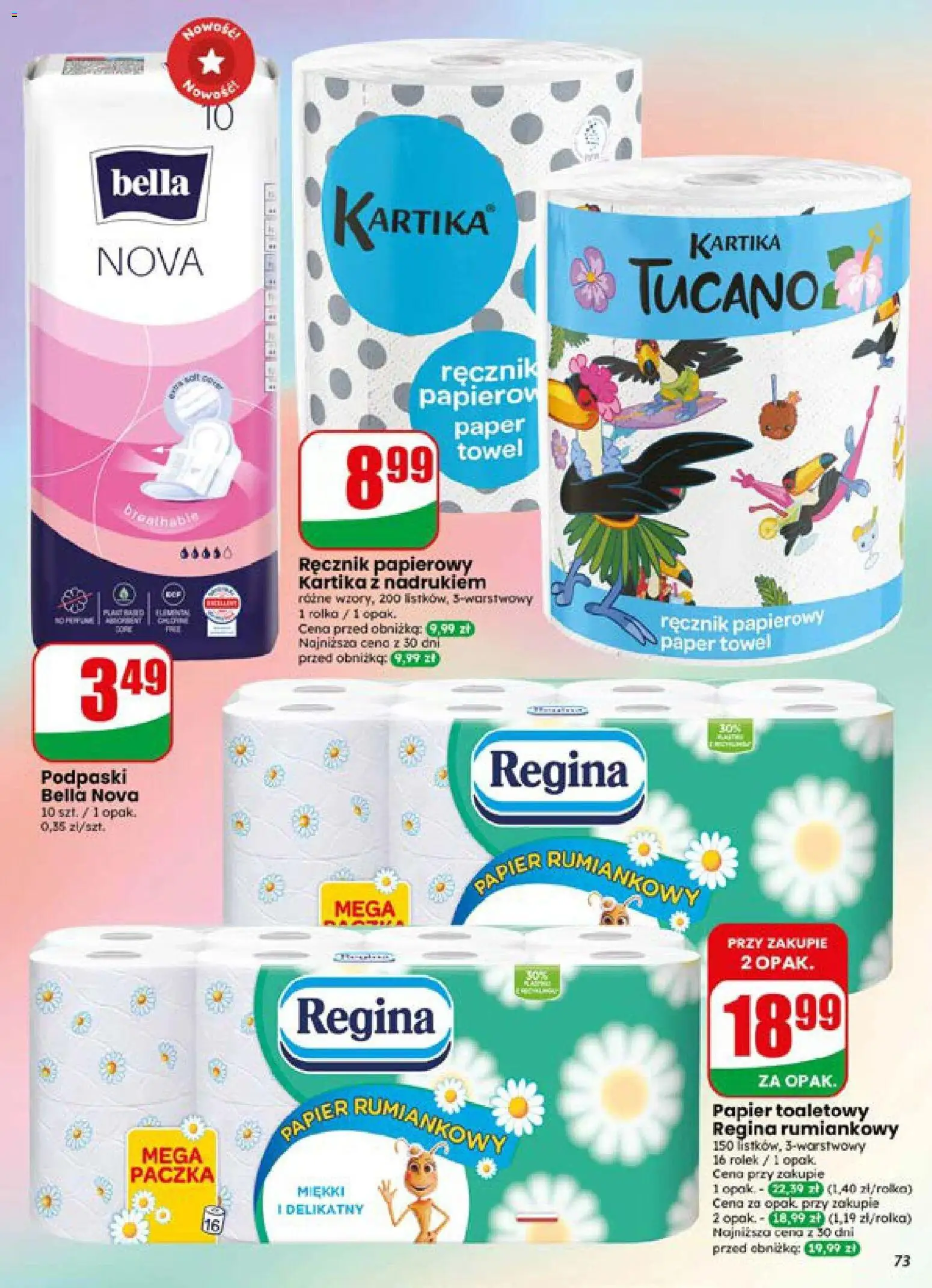 Dino gazetka od 15.07.2026 | Strona: 73 | Produkty: Podpaski bella, Papier toaletowy, Podpaski, Ręcznik papierowy
