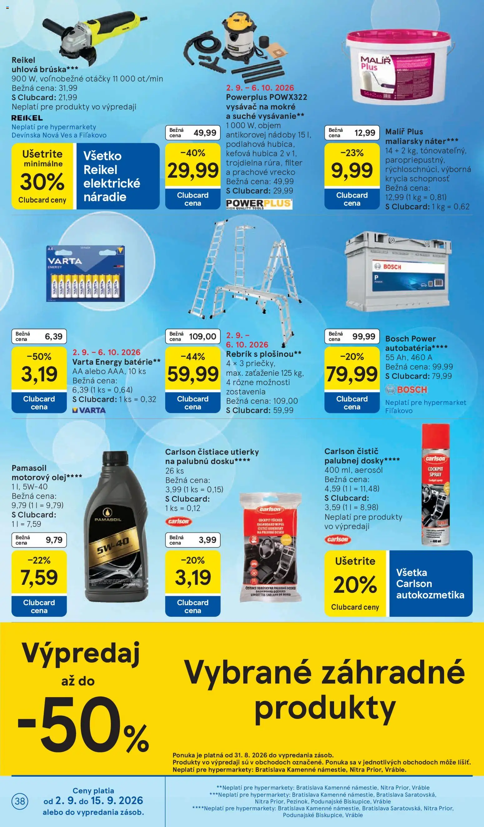 Nové Tesco akcie – leták je platný od 02.09.2026 | Strana: 38 | Produkty: Náradie, Uhlová brúska, Autobatéria, Bosch
