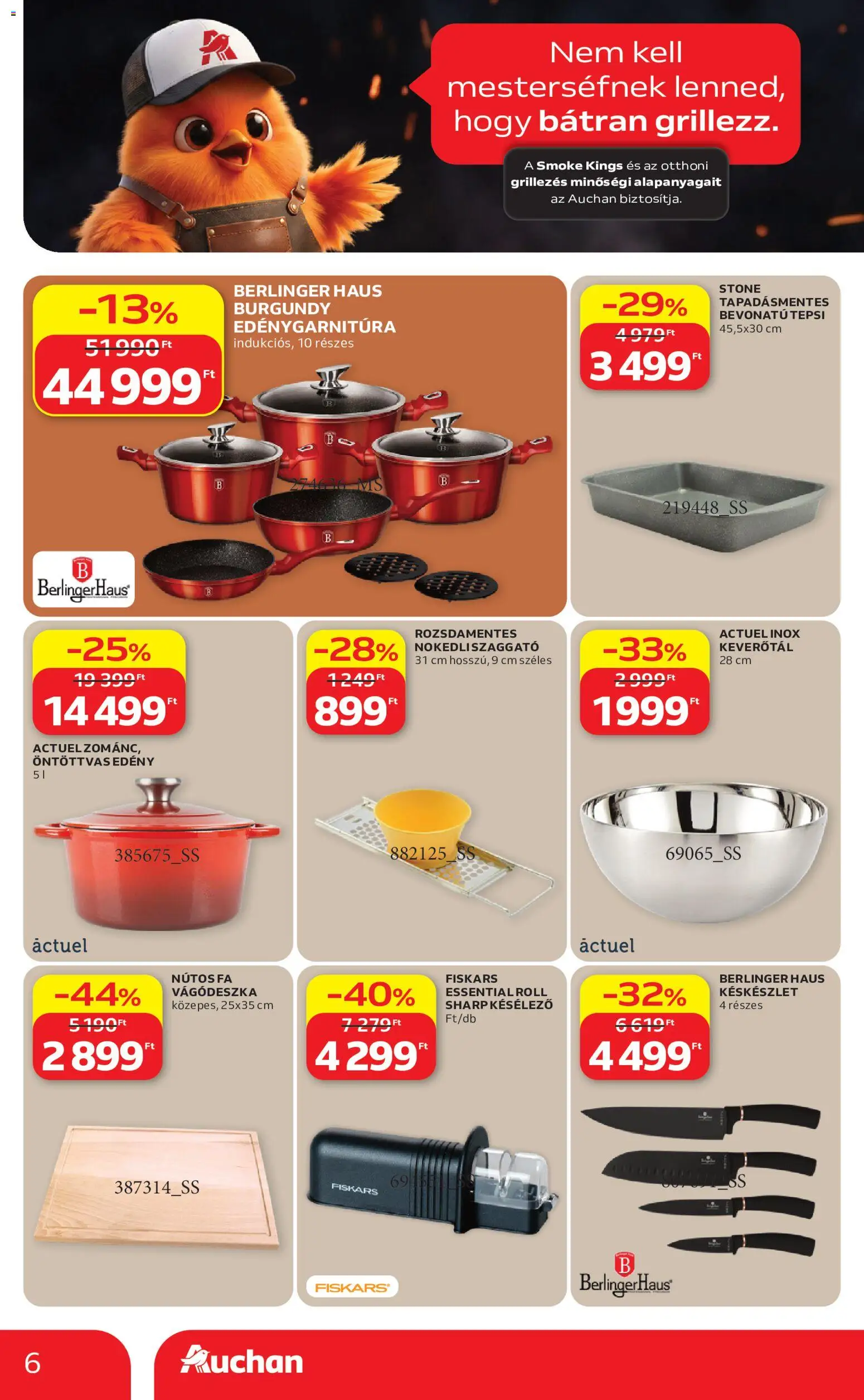 Auchan akciós ujság - amely érvényes a következő dátumtól: 2026.07.16. | Oldal: 6 | Termékek: Vágódeszka, Edény, Késkészlet, Késélező