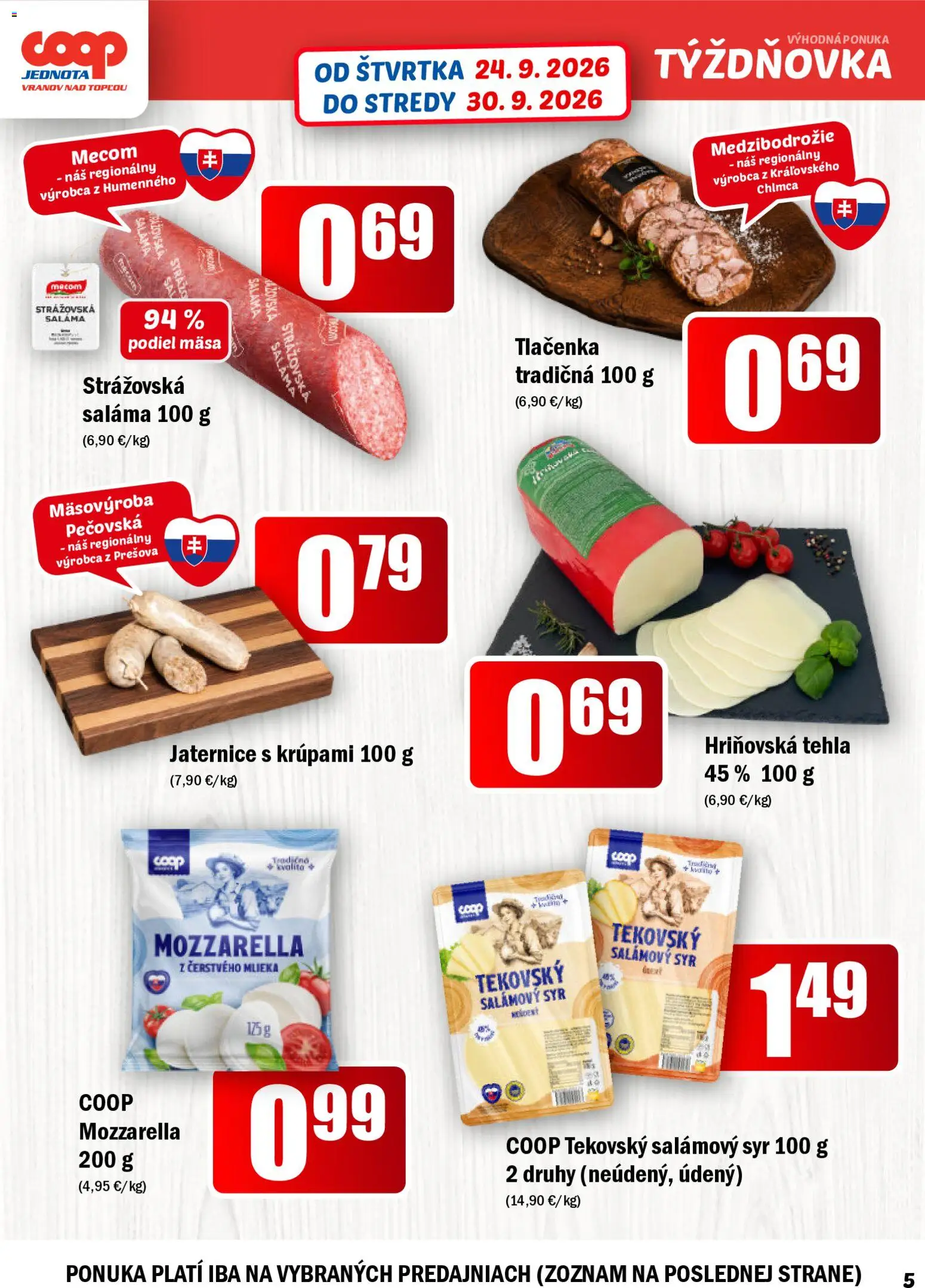 Nové COOP Jednota akcie – leták je platný od 24.09.2026 | Strana: 5 | Produkty: Syr, Saláma, Mozzarella, Tlačenka