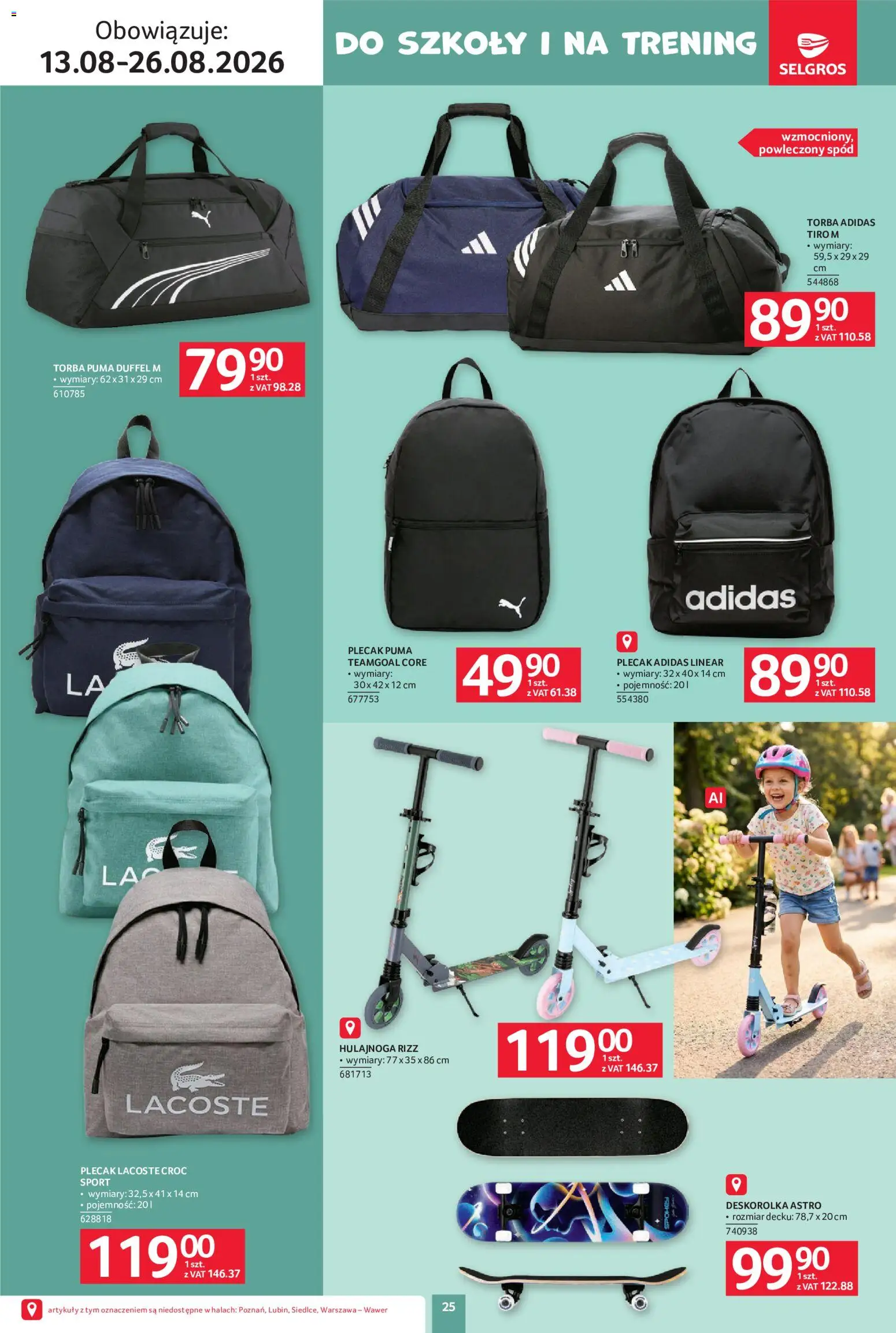 Selgros cash&carry gazetka - Szkola od 13.08.2026 | Strona: 25 | Produkty: Plecak, Torba, Hulajnoga, Deskorolka
