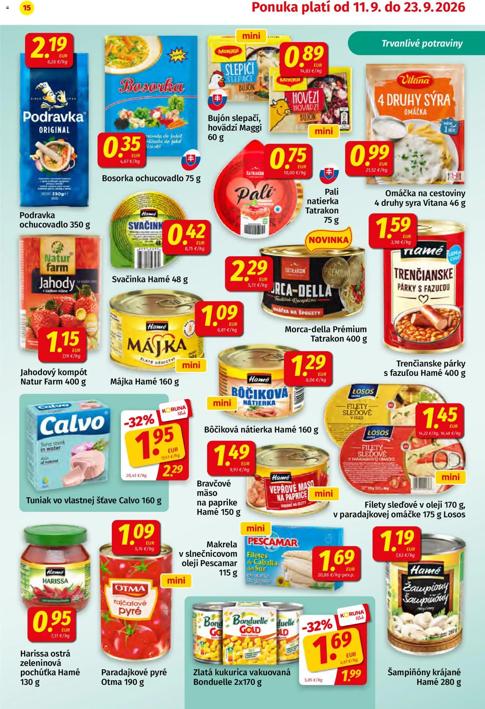 Nové Koruna akcie – leták je platný od 11.09.2026 | Strana: 15 | Produkty: Mäso, Jahody, Omáčka, Tuniak vo vlastnej šťave