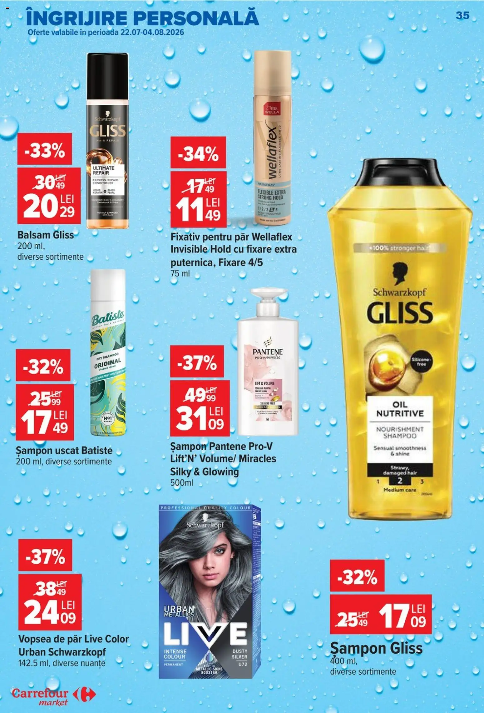 Noul catalog Carrefour – valabil de la 22.07.2026 | Pagină: 35 | Produse: Vopsea, Balsam, Vopsea de păr, Fixativ pentru păr