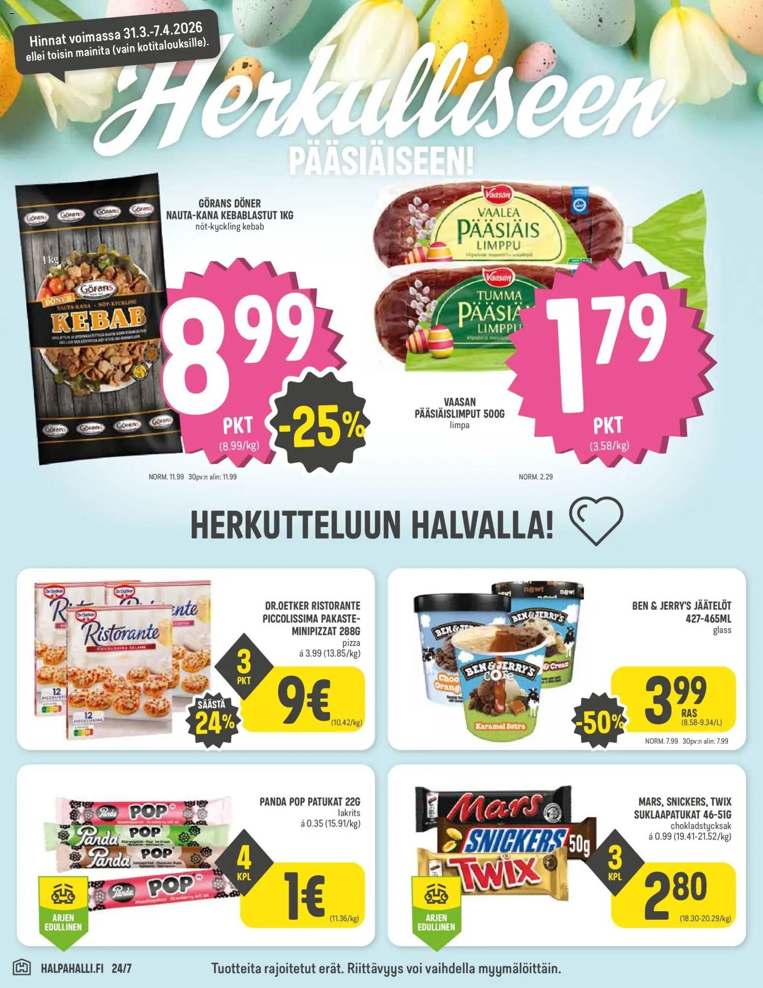 Halpa Halli tarjoukset – voimassa 31.03.2026 alkaen | Sivu: 4 | Tuotteet: Suklaapatukat, Voi, Pizza