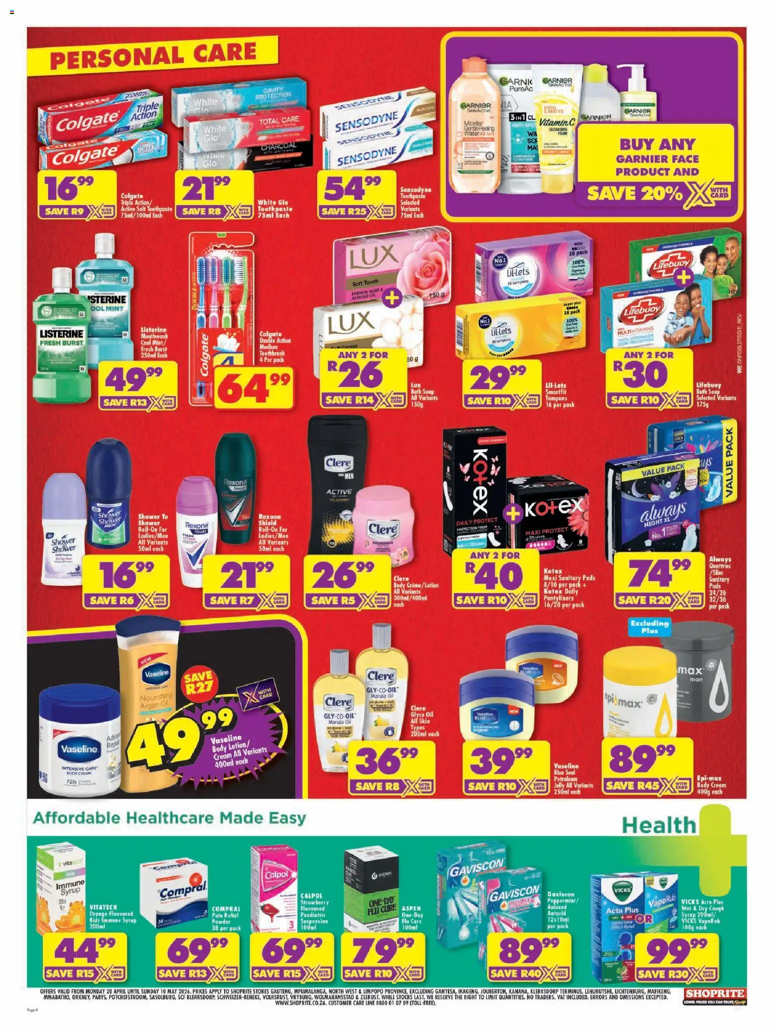 New Shoprite catalogue – valid from 20.04.2026 | Page: 8 | Products: Bath, Multivitamins, Water, Mouthwash