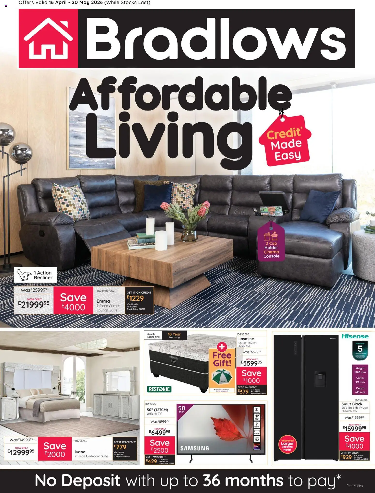 New Bradlows catalogue – valid from 16.04.2026 | Page: 1 | Products: TV, Fridge, Lounge suite