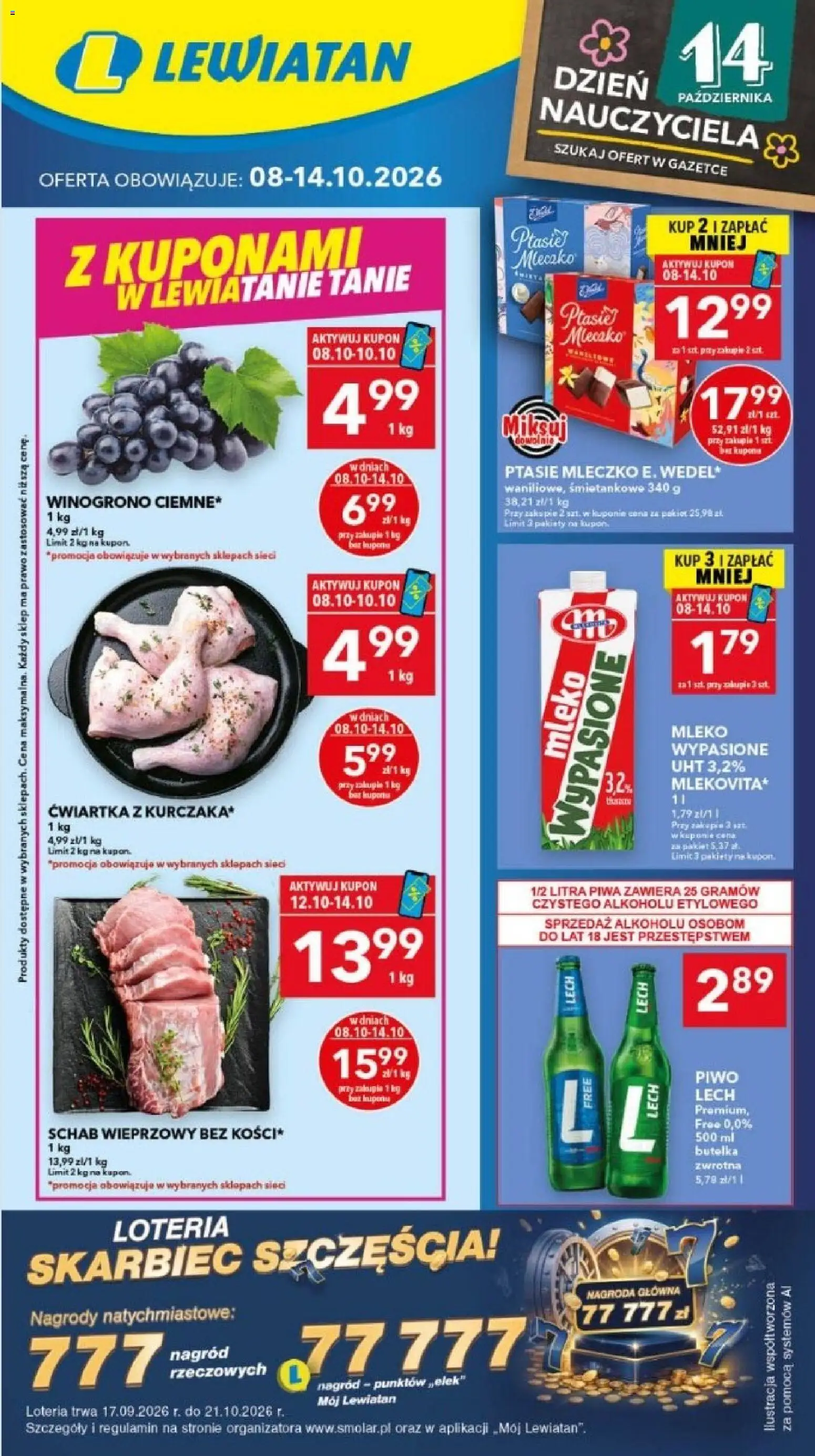 Lewiatan gazetka - Bydgoszcz od 08.10.2026 | Strona: 1 | Produkty: Mleko wypasione, Winogrono, Schab wieprzowy, Piwo