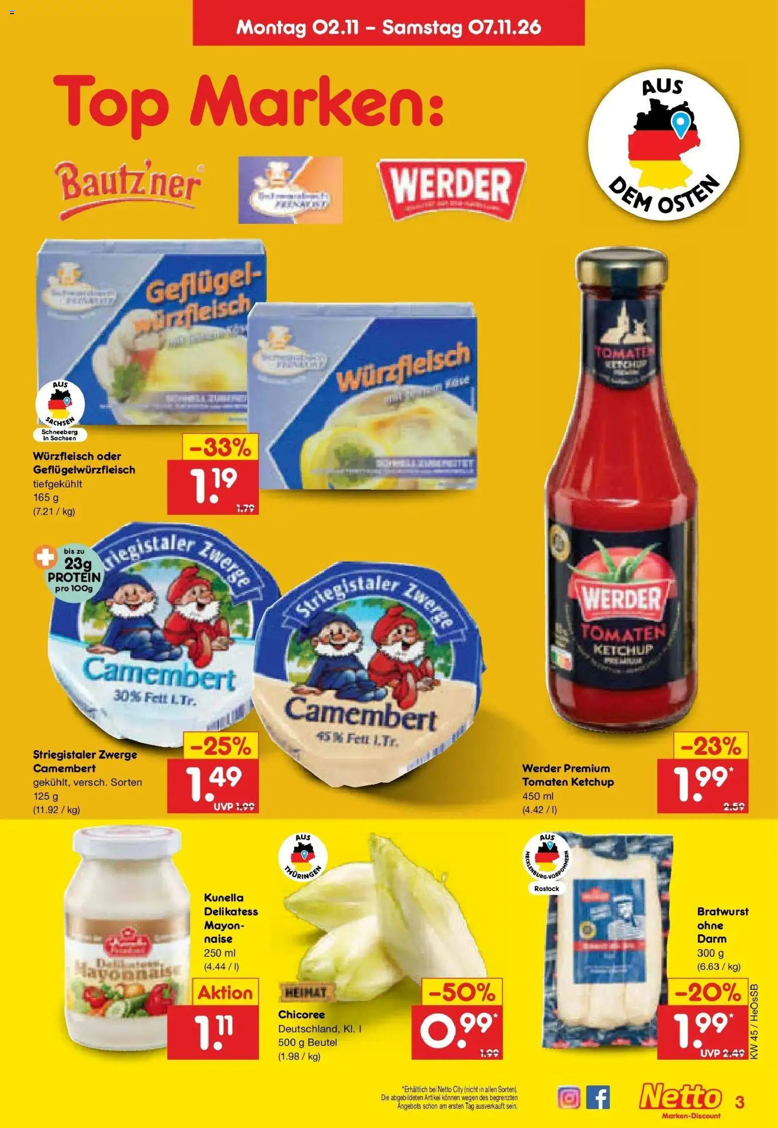 Netto Marken-Discount Prospekt Rostock (ab 02.11.2026) » Angebote | Seite: 3 | Produkte: Bratwurst, Tomaten, Camembert, Ketchup