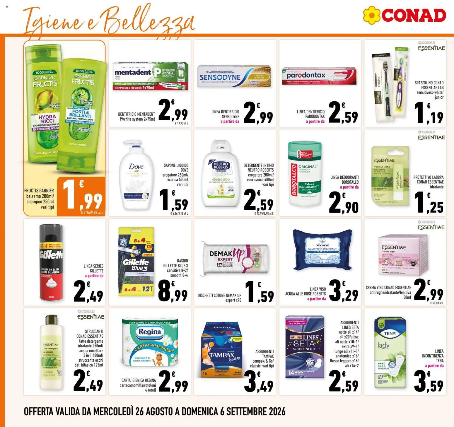 Volantino Conad del 26/08/2026 | Pagina: 18 | Prodotti: Schiuma, Carta igienica, Pompelmo, Acqua