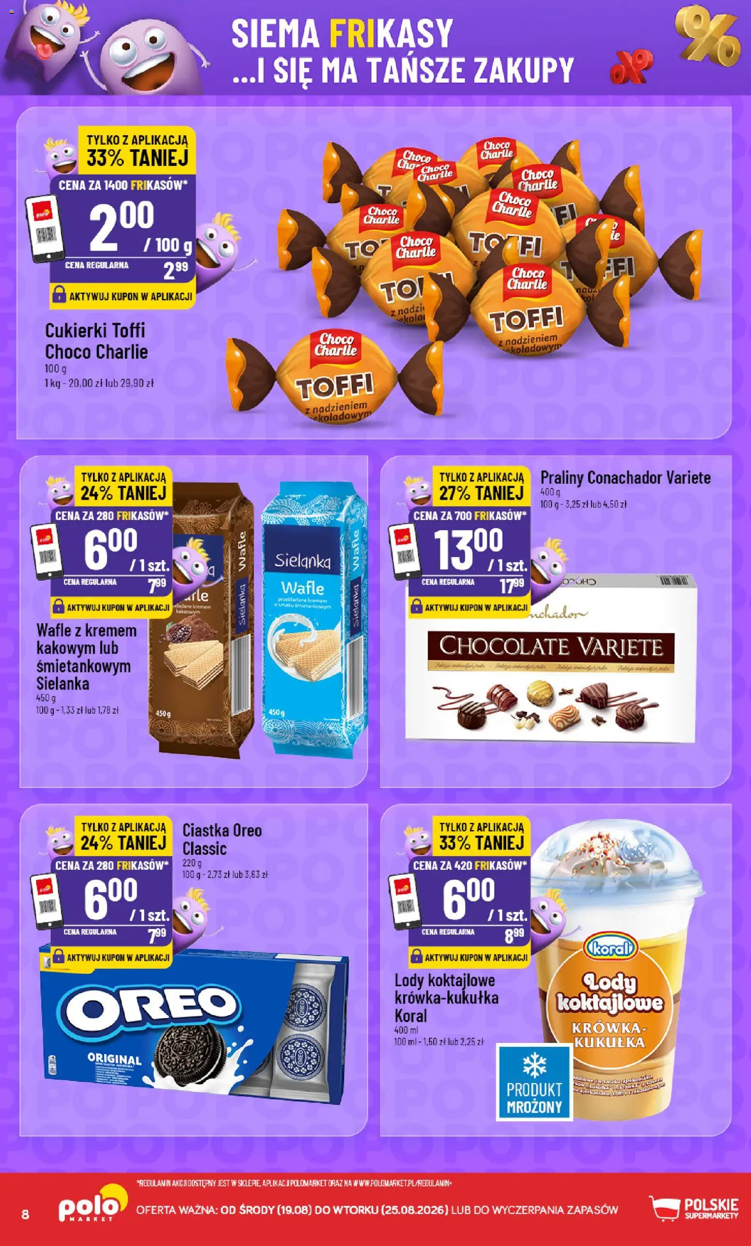Nowa POLOmarket gazetka od jutra 19.08.2026 | Strona: 8 | Produkty: Praliny, Lody Koktajlowe, Ciastka Oreo, Cukierki