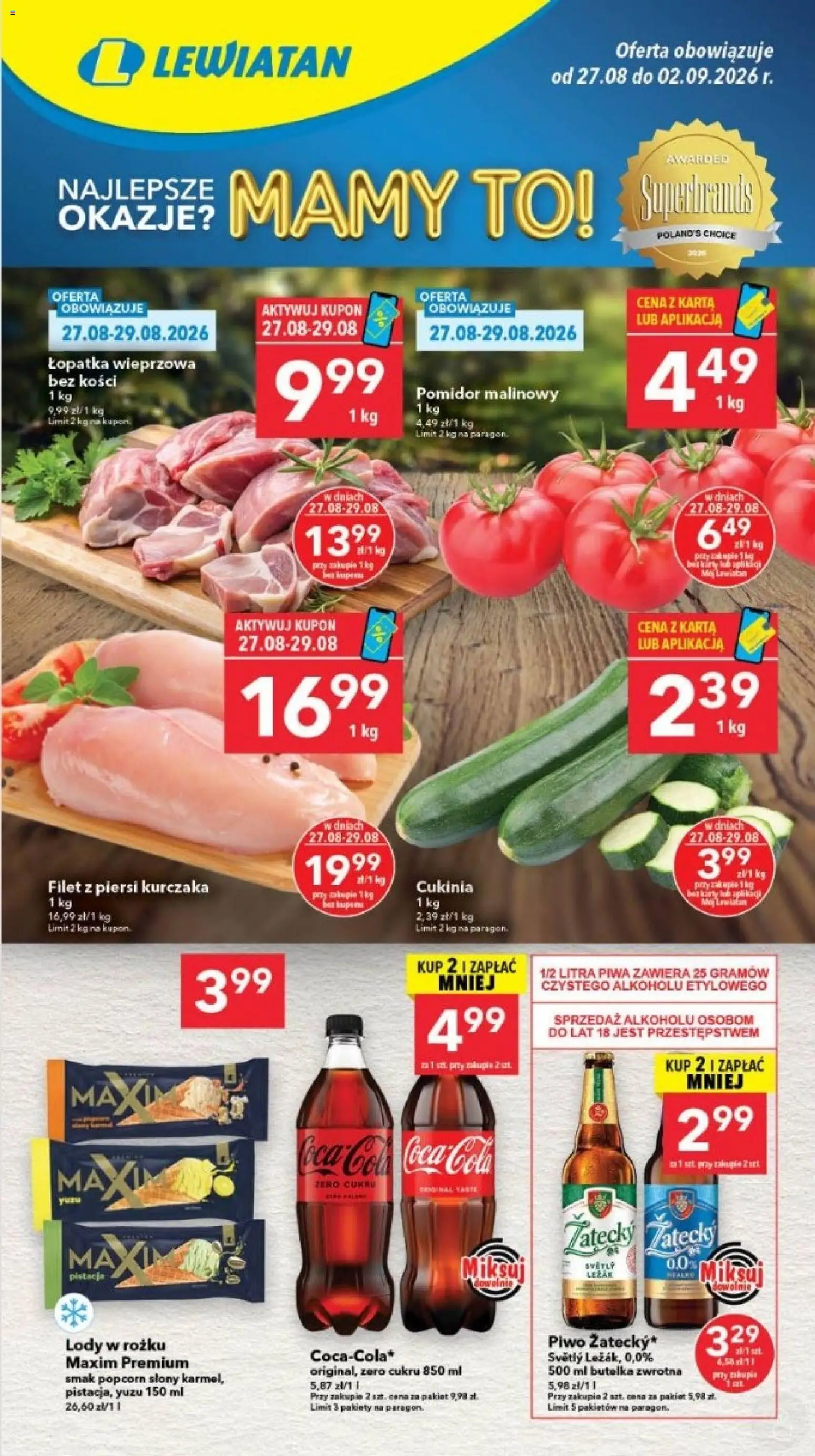 Lewiatan gazetka - Szczecin od 27.08.2026 | Strona: 1 | Produkty: Łopatka wieprzowa bez kości, Piersi, Coca cola, Filet