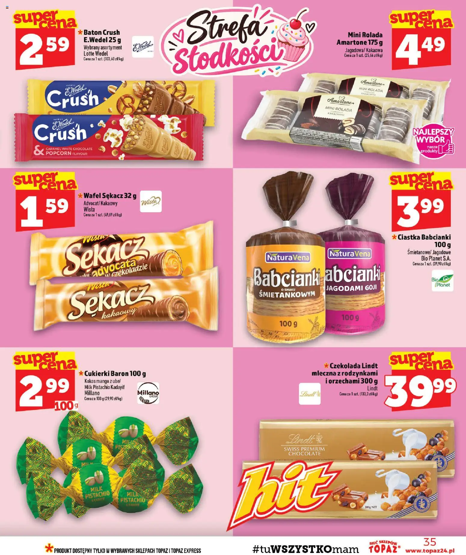 Topaz gazetka - MAZ od 08.10.2026 | Strona: 35 | Produkty: Czekolada lindt, Rolada, Baton, Popcorn
