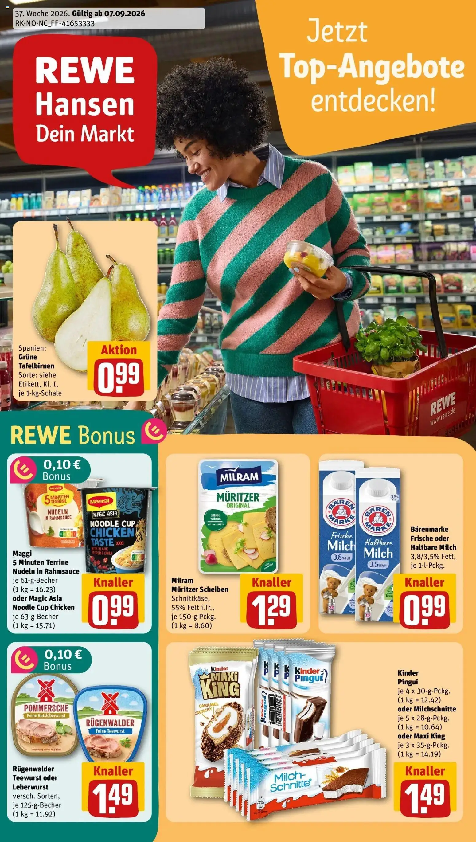 REWE Prospekt ab 07.09.2026 zum Blättern » Angebote | Seite: 1 | Produkte: Maggi, Milch, Milram, Nudeln