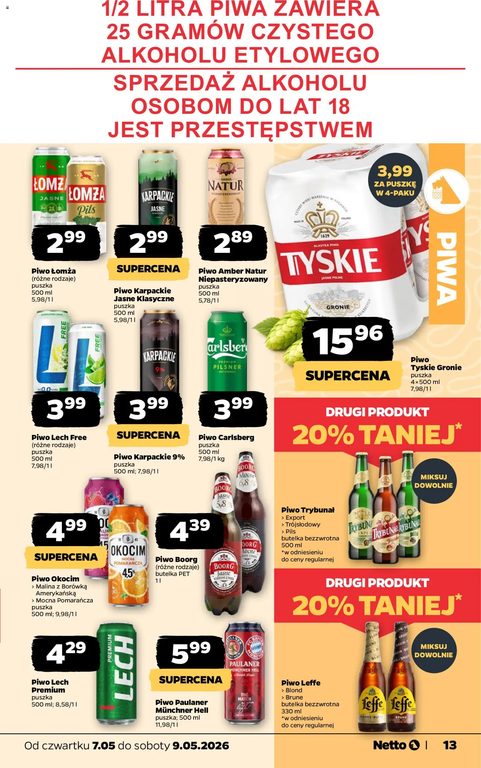 Netto gazetka od czwartku spożywcza od 07.05.2026 | Strona: 13 | Produkty: Malina, Tyskie, Piwo Carlsberg, Piwo