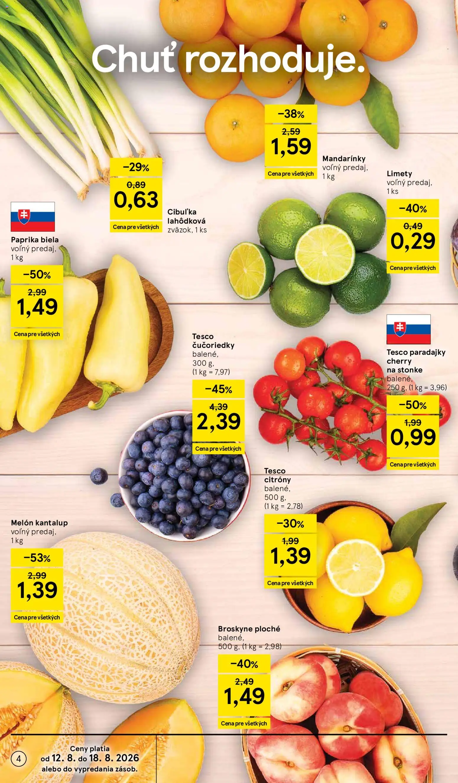 Nové Tesco akcie – leták je platný od 12.08.2026 | Strana: 4 | Produkty: Paradajky, Citróny, Mandarinky, Broskyne