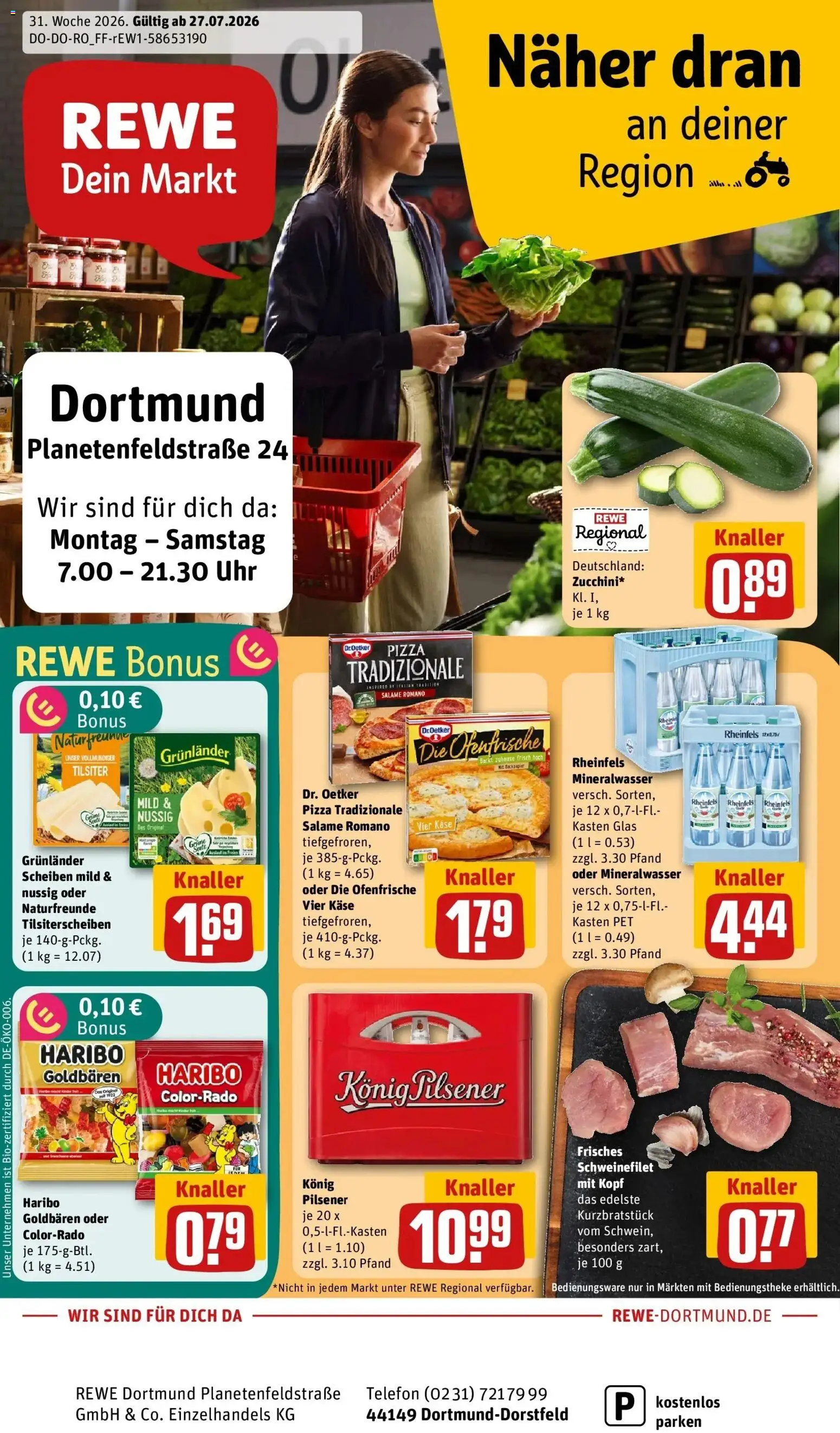 Rewe Prospekt Dortmund – gültig ab 27.07.2026 | Seite: 1 | Produkte: Haribo, Ofenfrische, Schweinefilet, Uhr