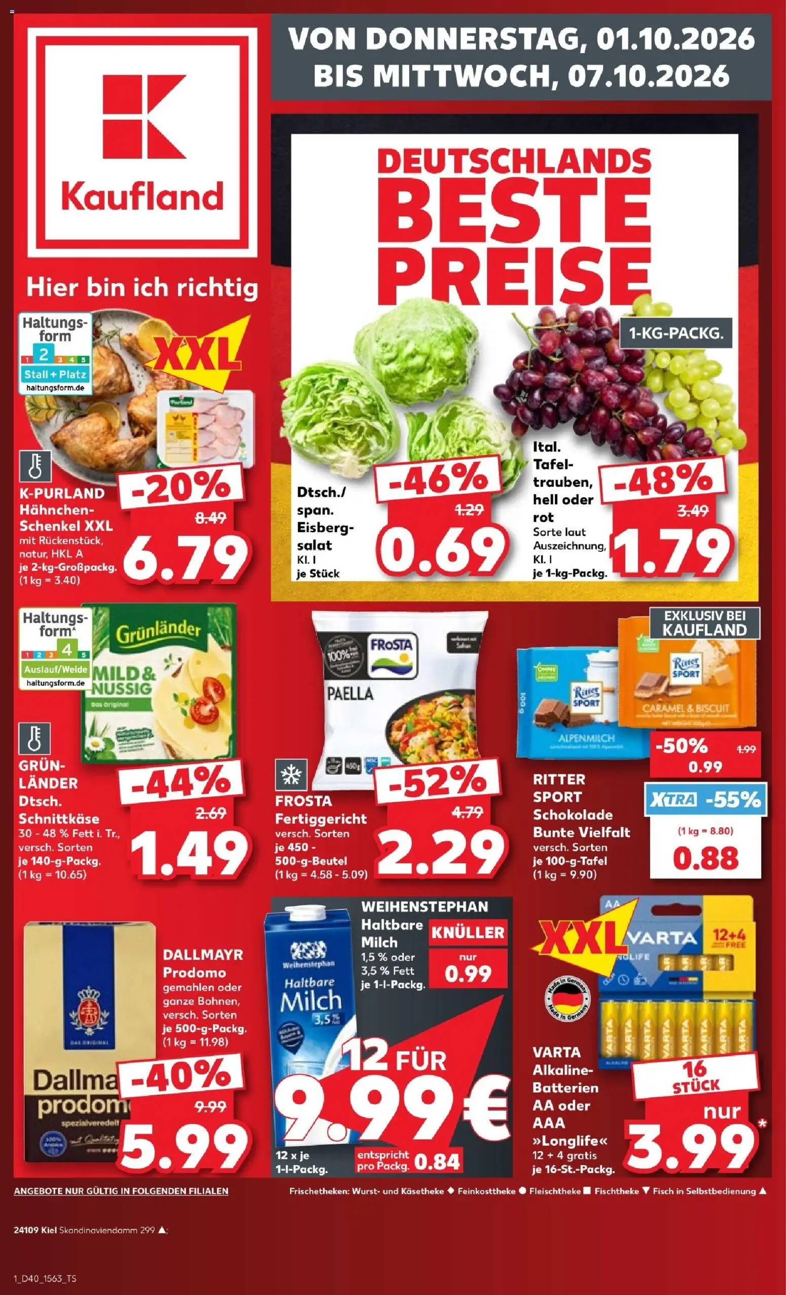 Kaufland Prospekt Kiel – gültig ab 01.10.2026 | Seite: 1 | Produkte: Milch, Frosta, Grunlander, Salat